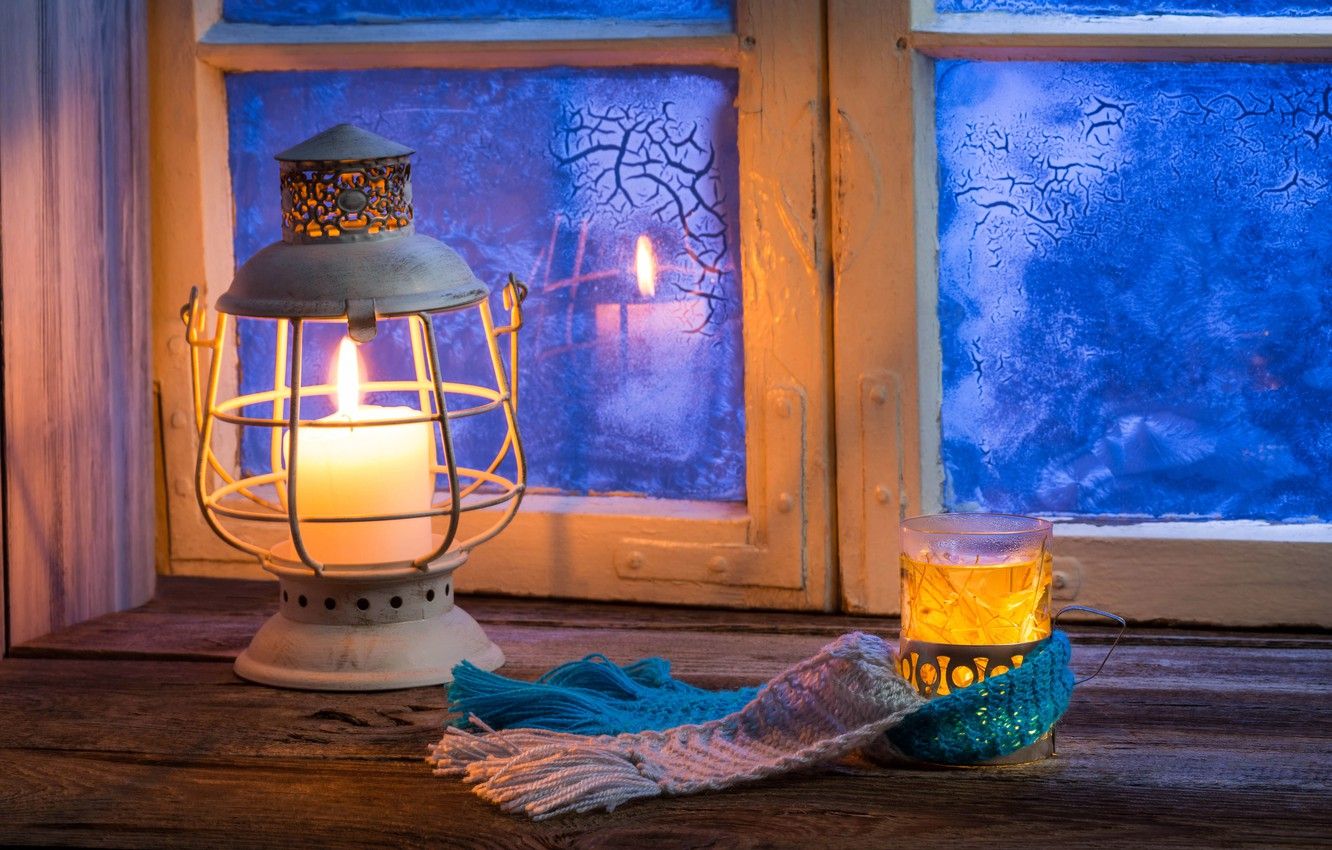 Wallpaper winter, glass, comfort, reflection, heat, patterns, lamp, candle, blur, Daisy, window, lantern, sill, winter, bokeh, lamp image for desktop, section разное