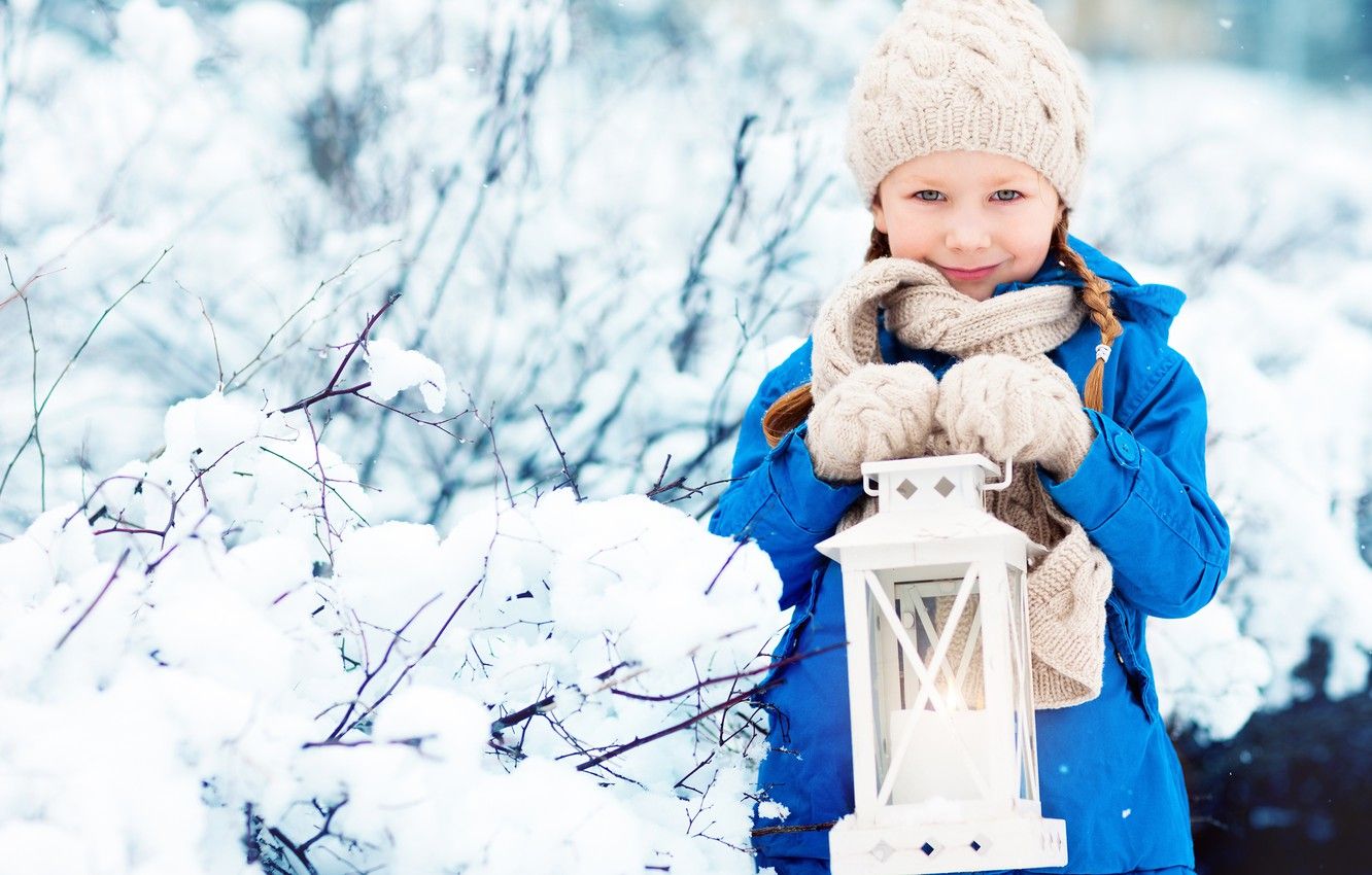 Wallpaper winter, hat, child, jacket, girl, lantern, winter, snow, child, lamp image for desktop, section настроения