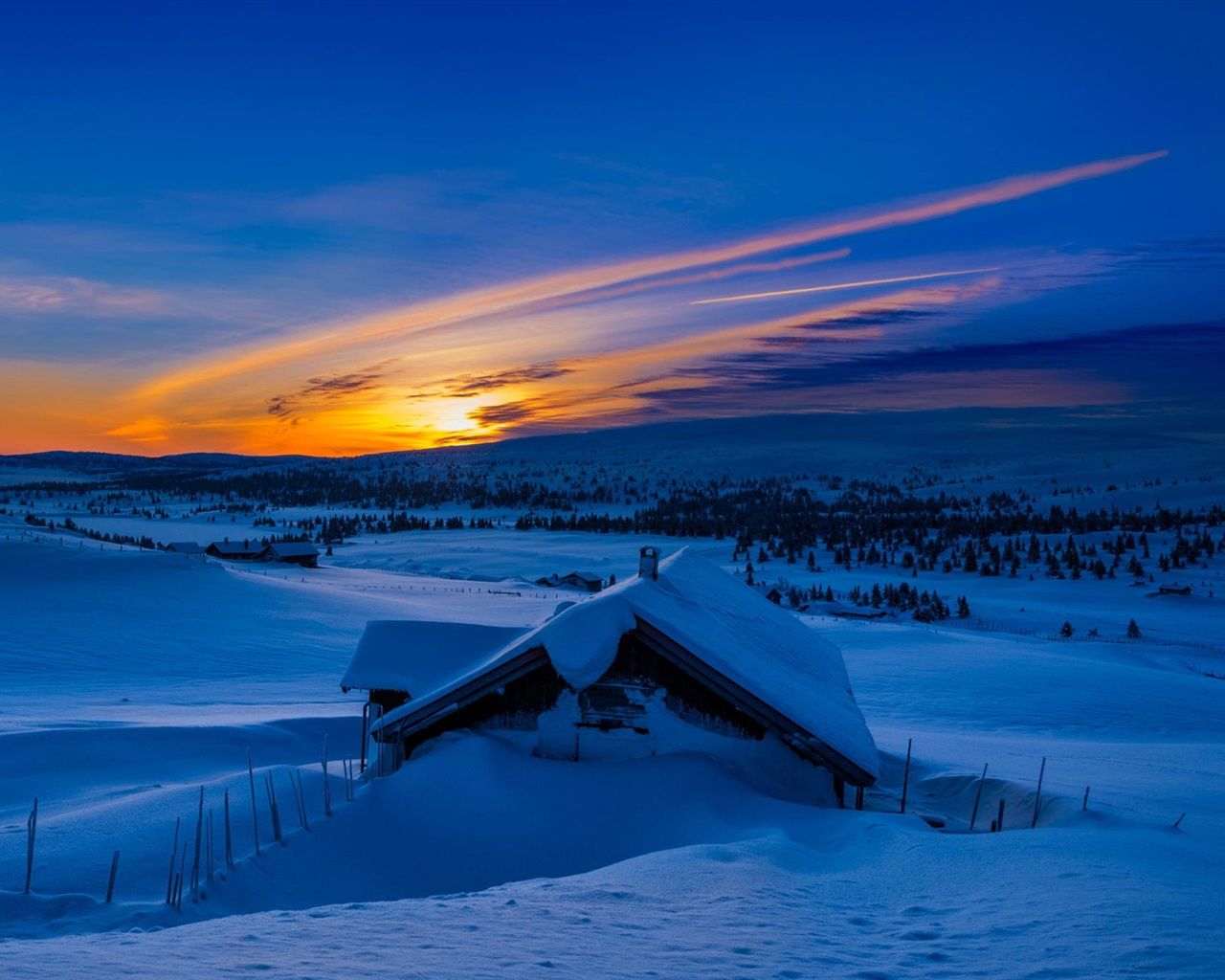 Wallpaper Winter, snow, mountains, morning, blue, sunrise, house 1920x1200 HD Picture, Image