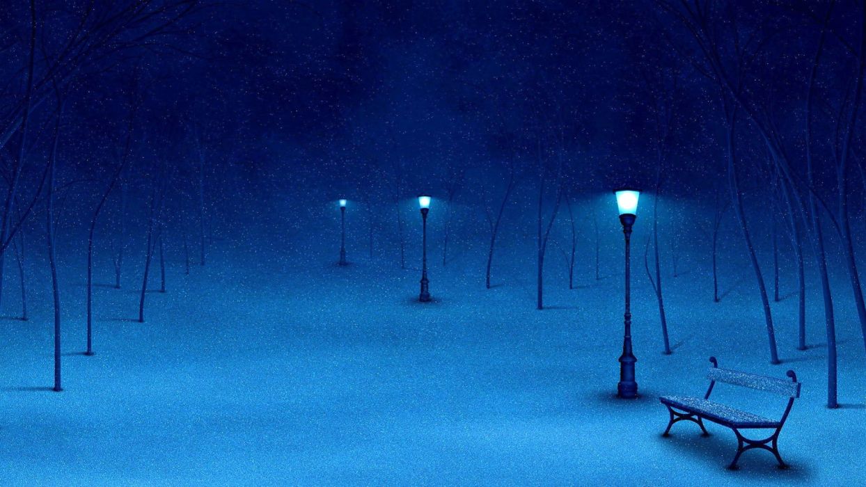 Winter snow nature landscape bench mood lamp post wallpaperx1080