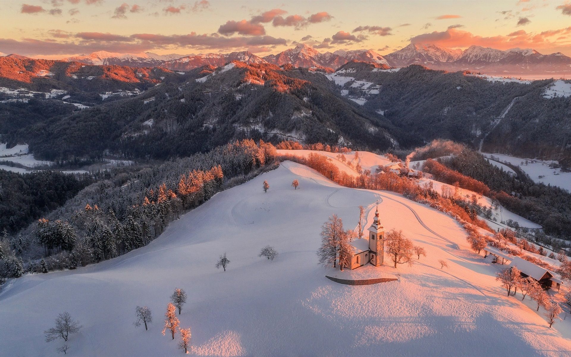 Wallpaper Czech Republic, morning, snow, church, mountains, forest, winter 1920x1200 HD Picture, Image