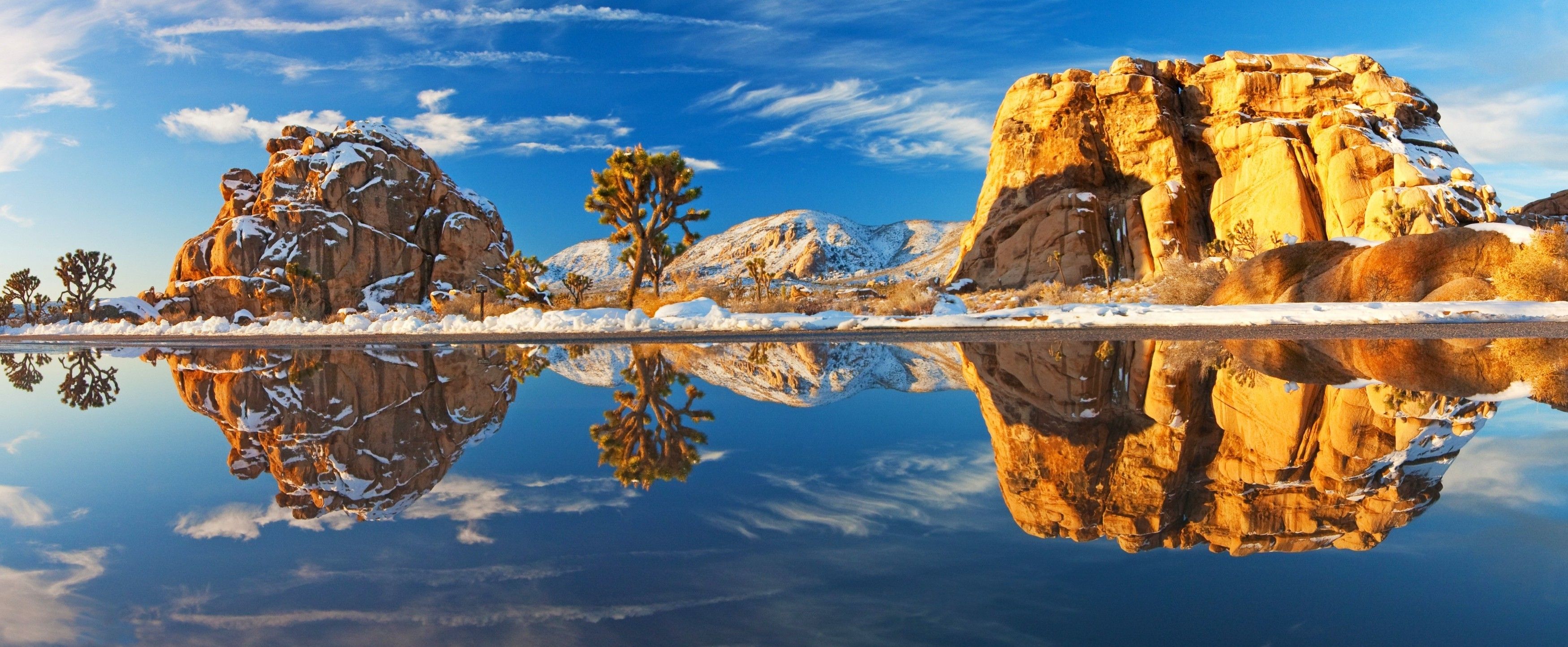 lake trees rock mountain winter snow reflection water panoramas morning nature landscape wallpaper