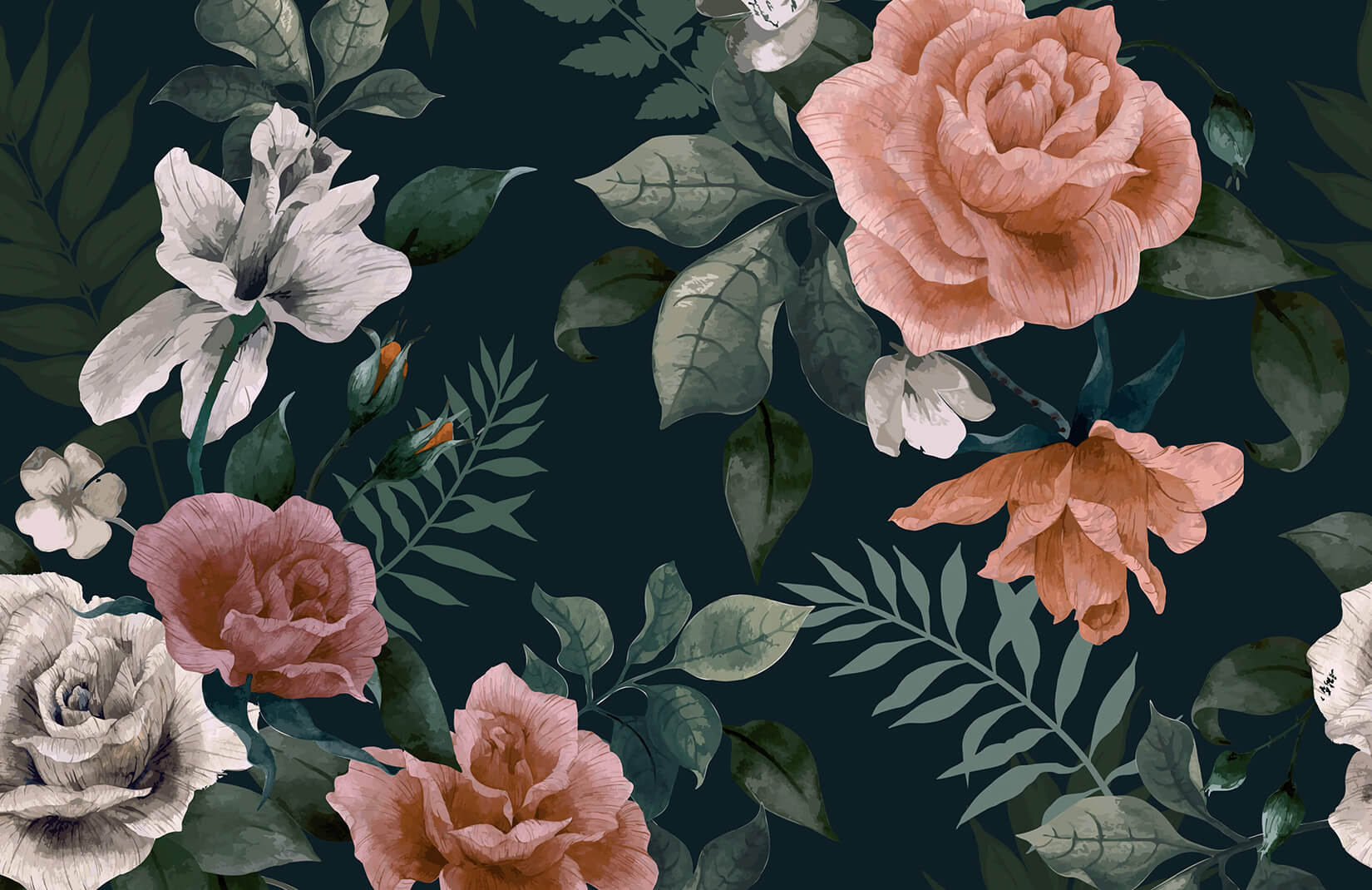 Dark Green & Pink Floral Wallpaper Mural