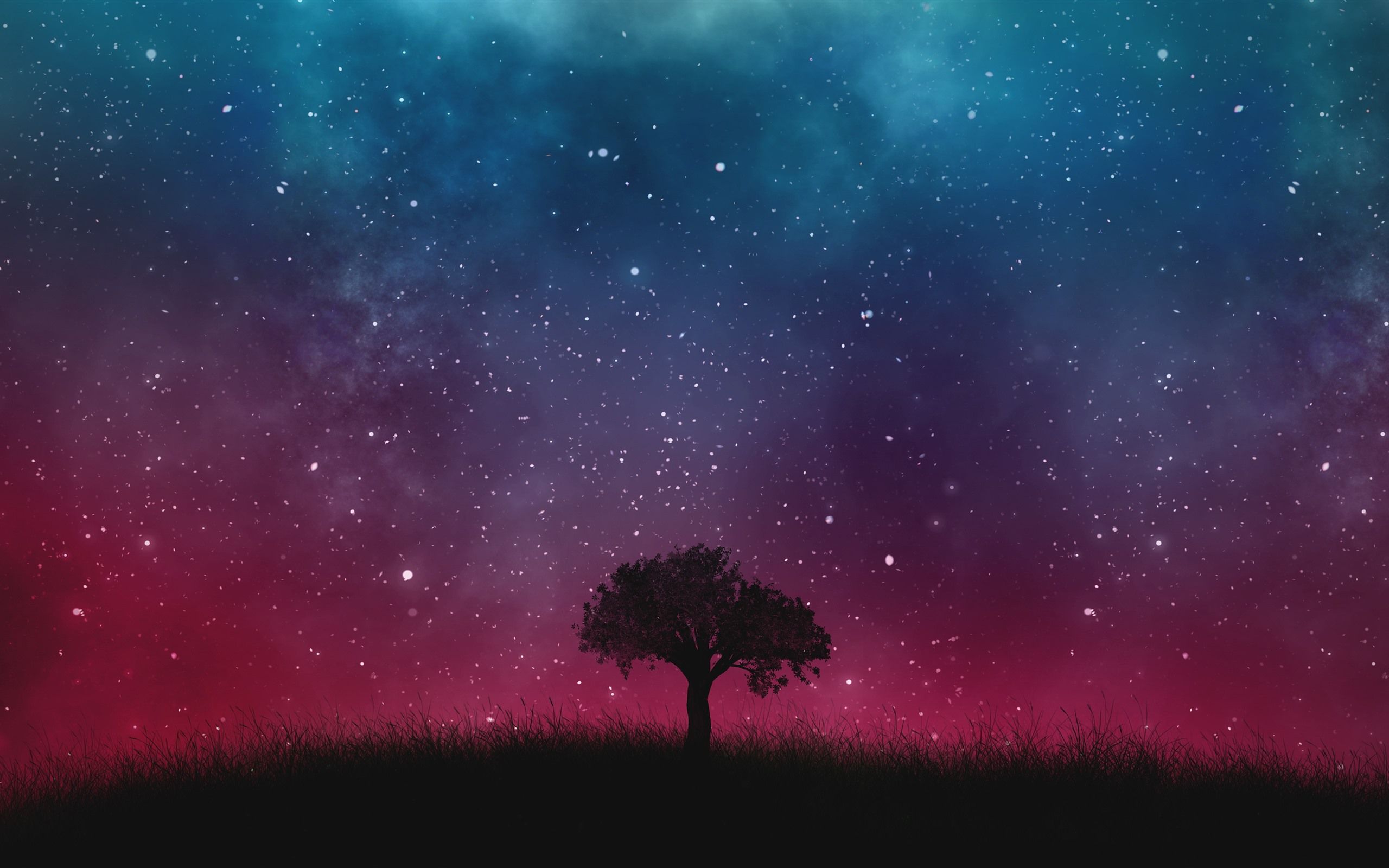 Wallpaper Single tree, grass, starry, sky, night 5120x2880 UHD 5K Picture, Image