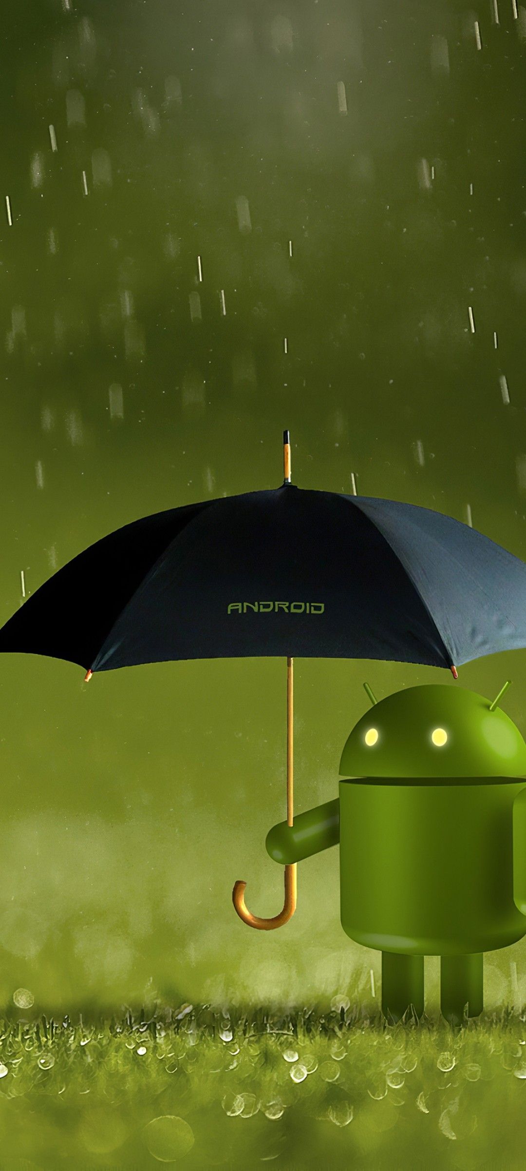 Android logo 4K Wallpaper, Android robot, Umbrella, Rain, Green, Technology