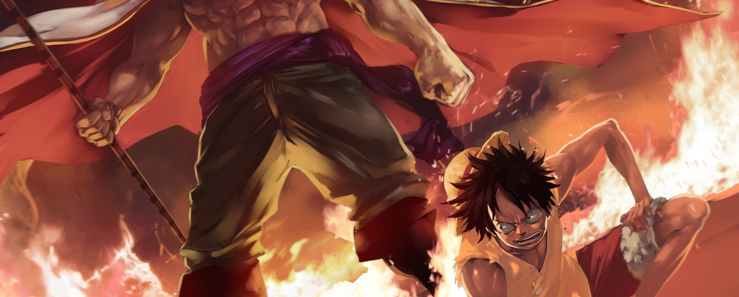 Download 2500x1007 One Piece, Monkey D. Luffy, Whitebeard, Edward Newgate, Fire Wallpaper
