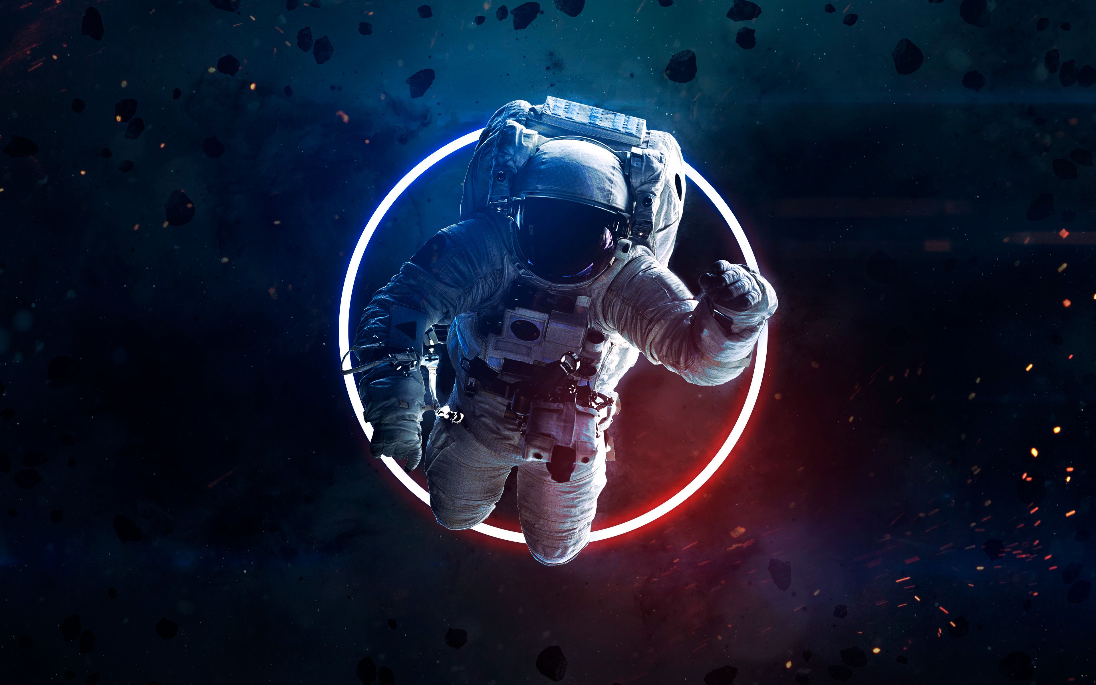Astronaut Wallpaper 4K, Asteroids, Space suit, Neon light, Space Travel, Space