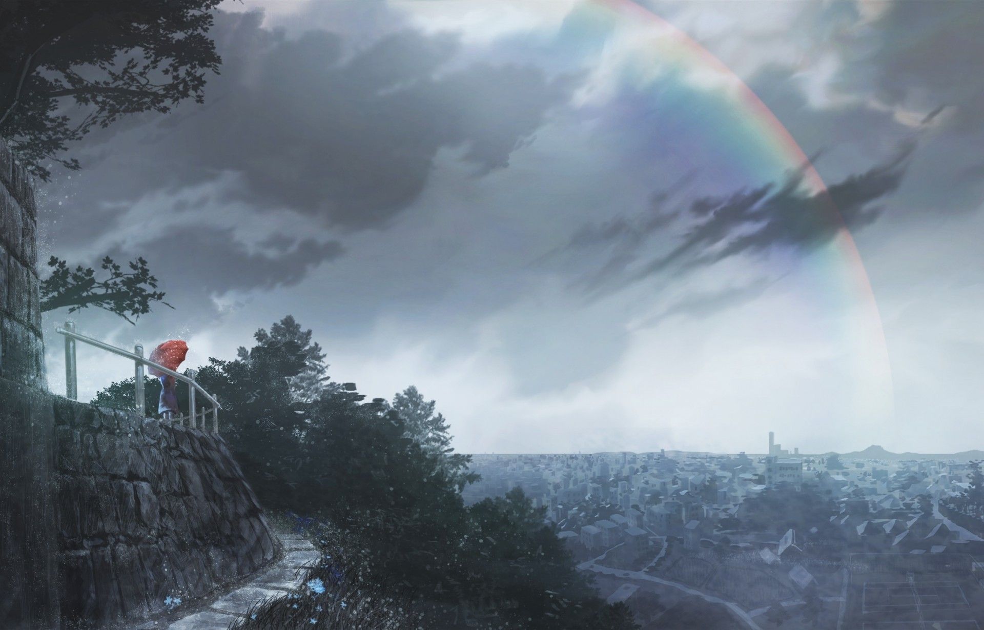 Download 1920x1229 Anime Landscape, Rainbow, Raining, Cityscape, Dark Clouds, Sky Wallpaper