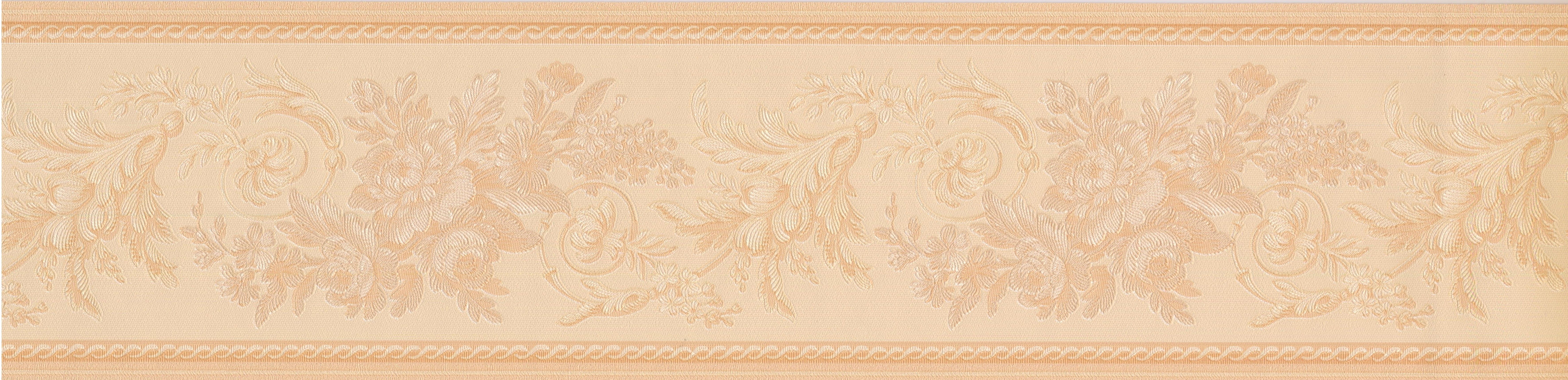 Beige Flowers on Vine White Creme Damask Wallpaper Border Retro Design, Roll 15' x 6''