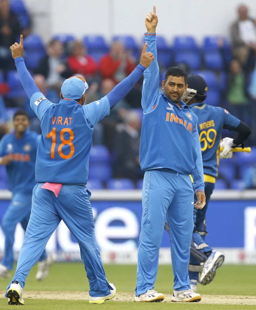MS Dhoni appeals for an lbw. Photo. ICC Champions Trophy