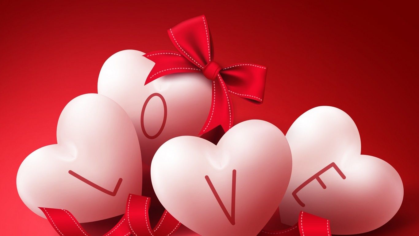 Download 1366x768 Love, Valentine's Day Hearts, Ribbon Wallpaper for Laptop, Notebook