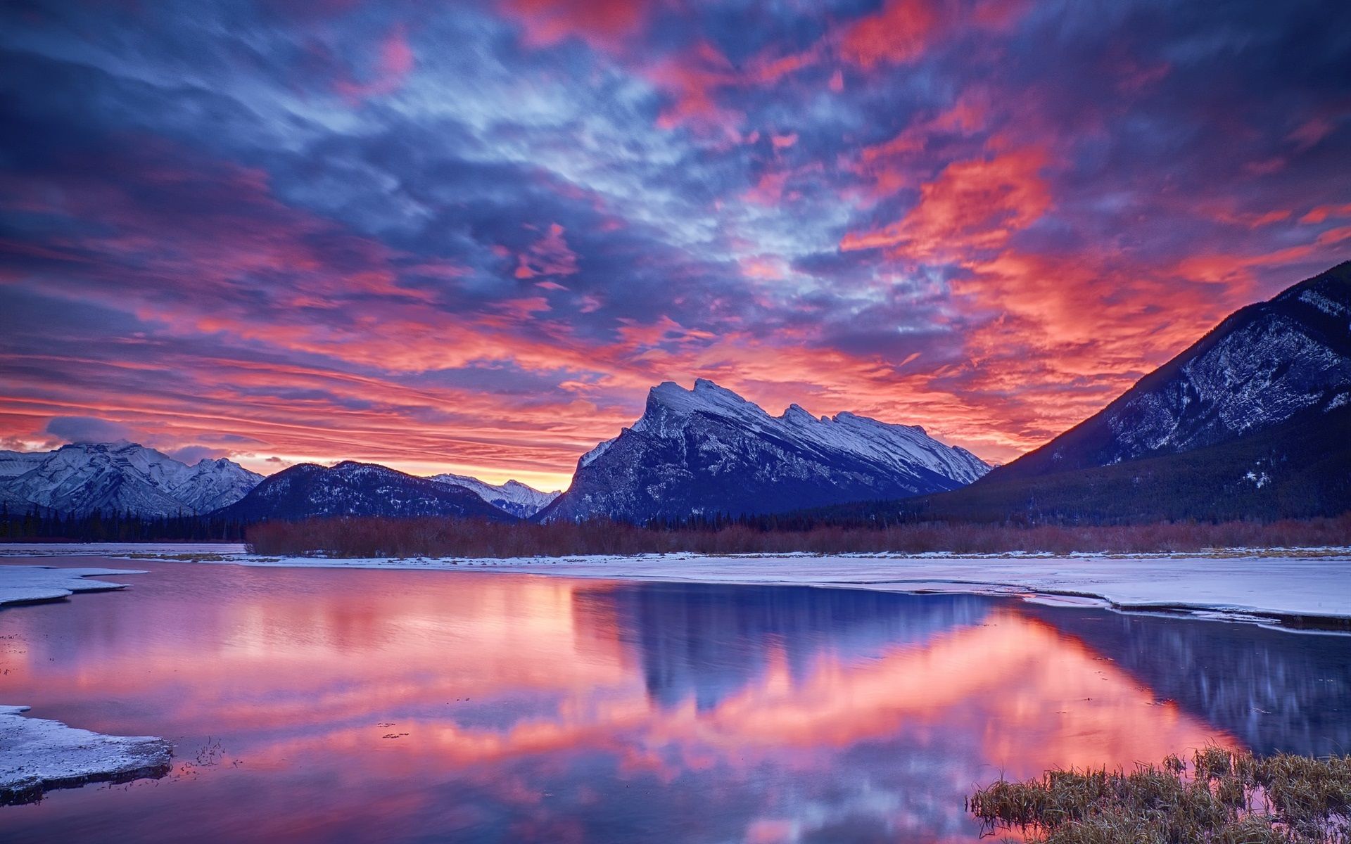 Winter, Snow, Lake, Sky, Clouds, Sunset, Glow, Mountain Sunset Wallpaper Mountains
