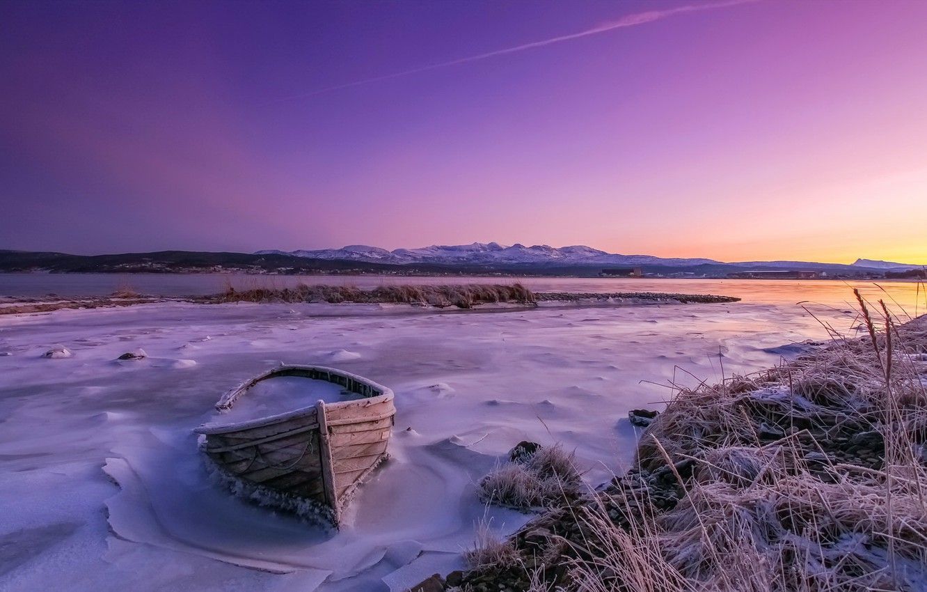 Wallpaper winter, sunset, lake, boat image for desktop, section пейзажи