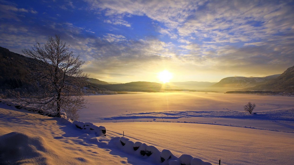 Landscapes lakes winter snow sunset sunrise sky clouds ice frozen wallpaperx1080