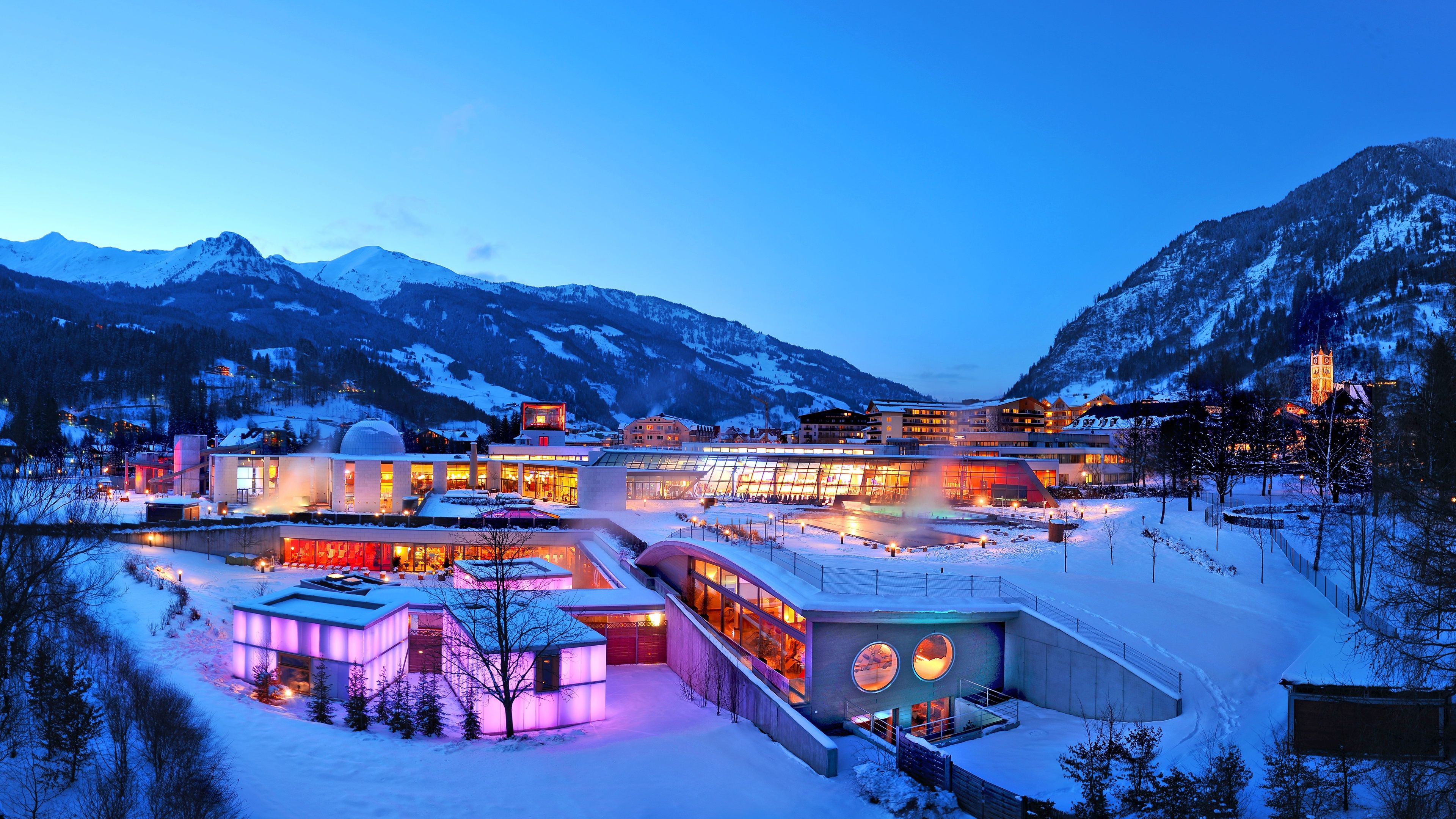 Wallpaper Lindner Alpentherme in winter, dusk, snow, mountain, lights, Switzerland 3840x2160 UHD 4K Picture, Image