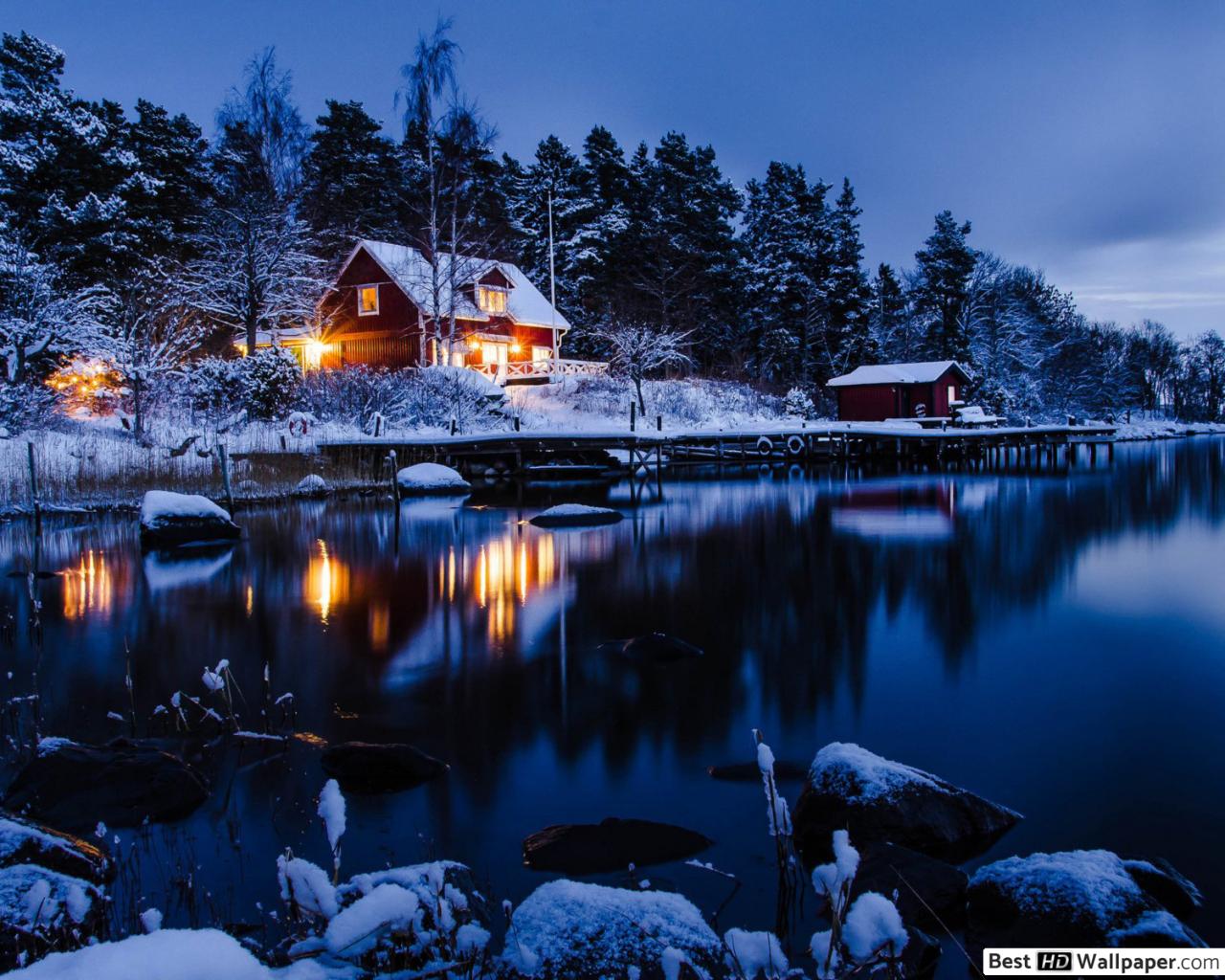 Lake house in winter HD wallpaper download