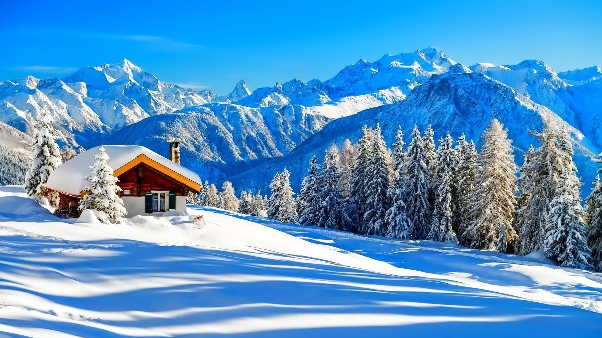 Wallpaper. Beautiful picture. photo. picture. Switzerland, the house, mountains, Alps, winter