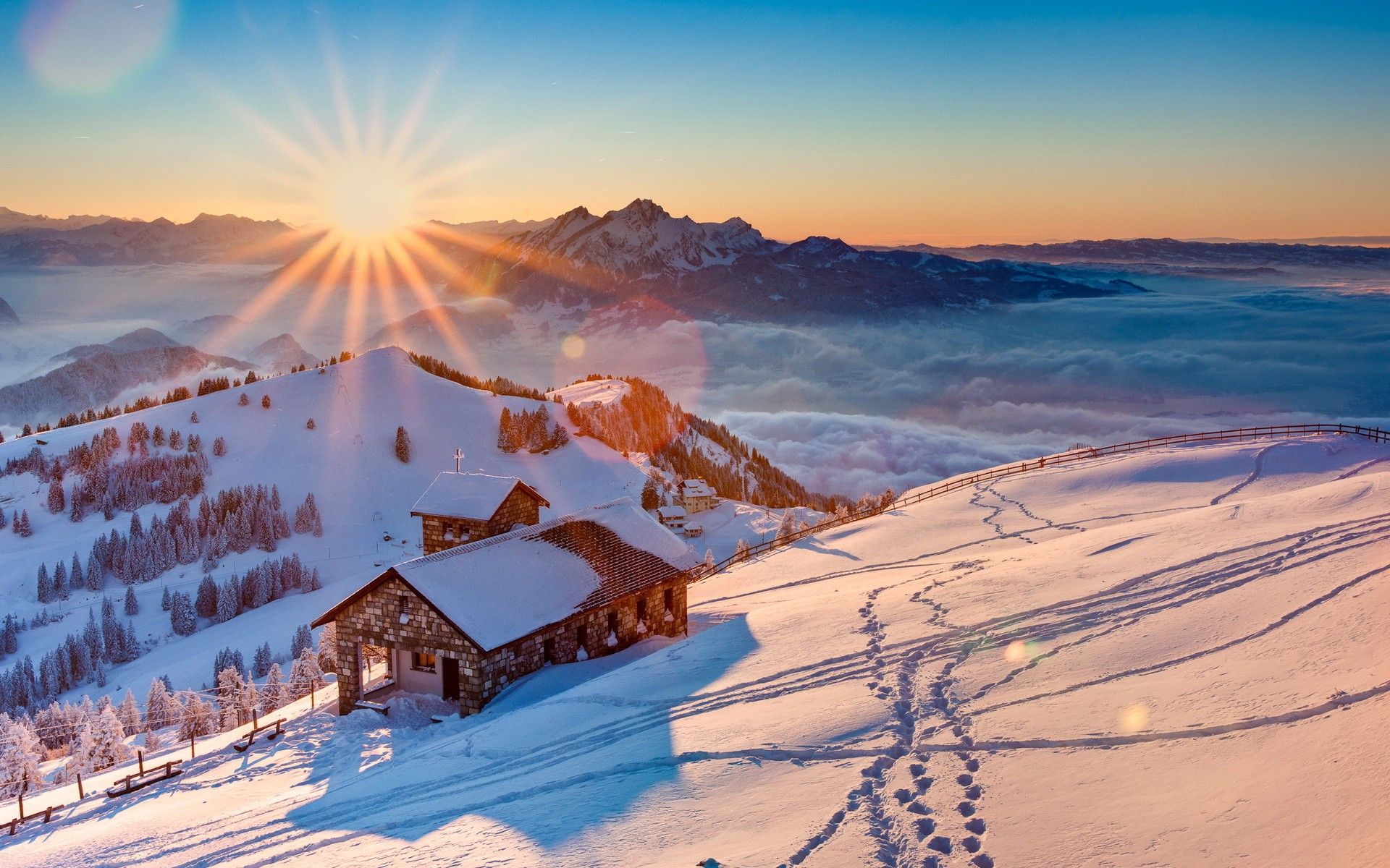 Download 1920x1200 Switzerland Winter Sunset Wallpaper