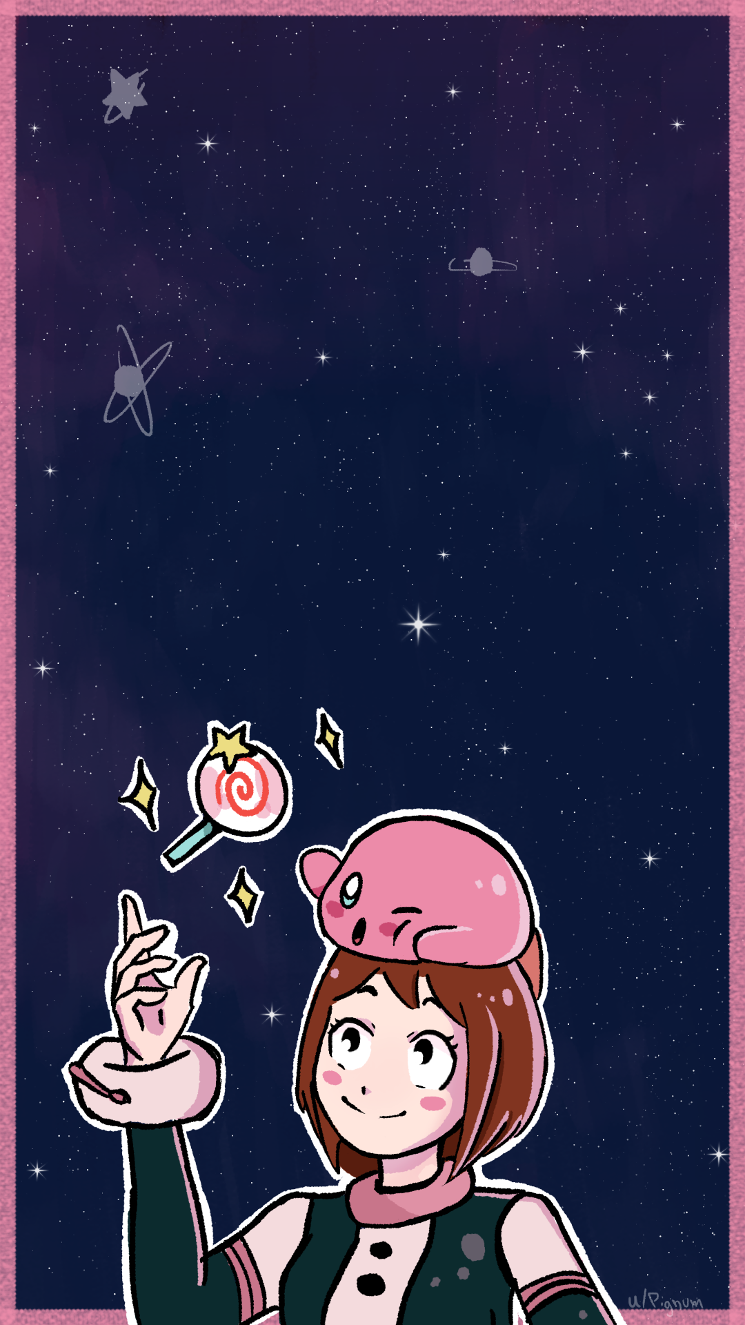 I made a phone wallpaper of Ochako and Kirby in a starry sky