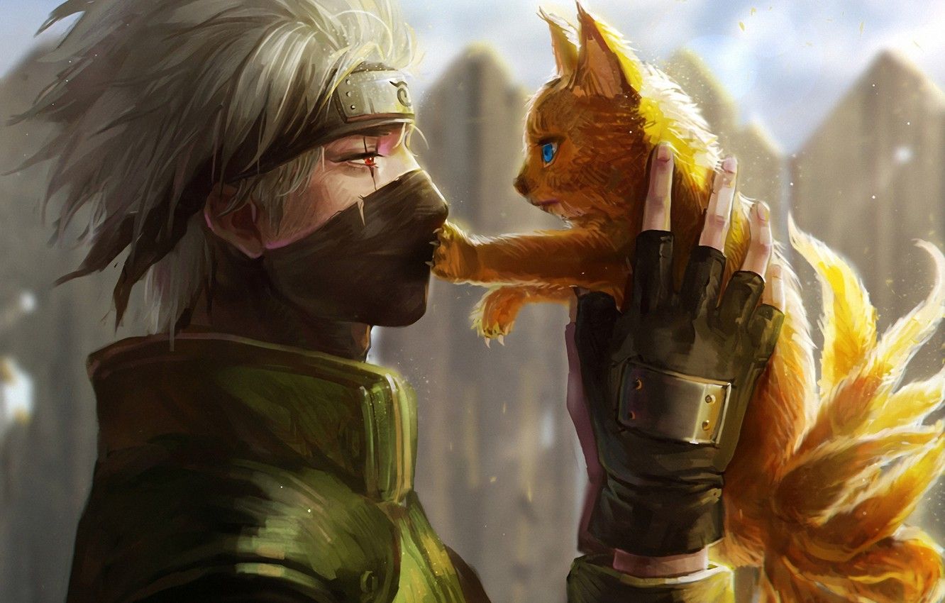 Wallpaper art, Fox, guy, bandana, naruto, scar, hatake kakashi, tails, genya other image for desktop, section сёнэн