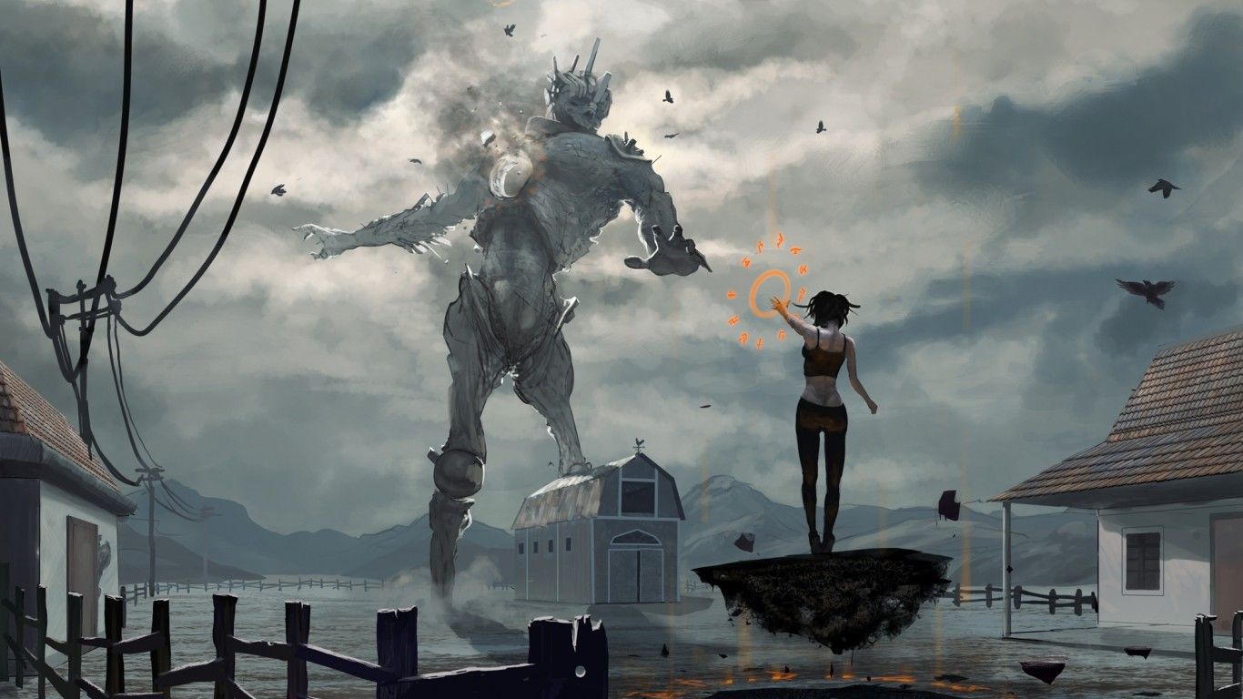 women, mountains, monsters, artwork, cities, giant monsters, birds wallpaper