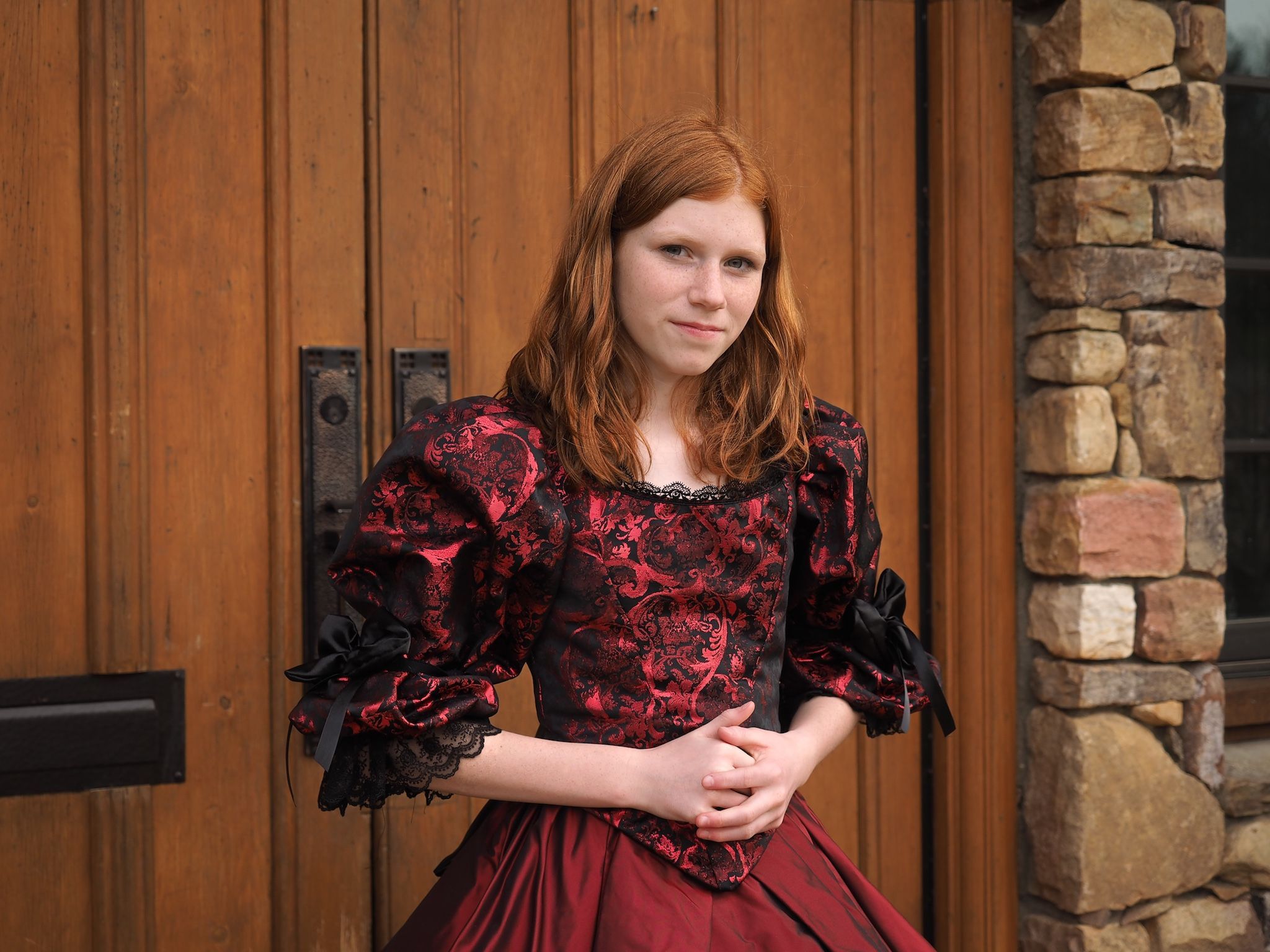 The beautiful winter gown Braeden Vanderbilt gives Serafina. I described my design for the dress in great detail to my wife Jenn. Red dress, Dresses, Winter gowns