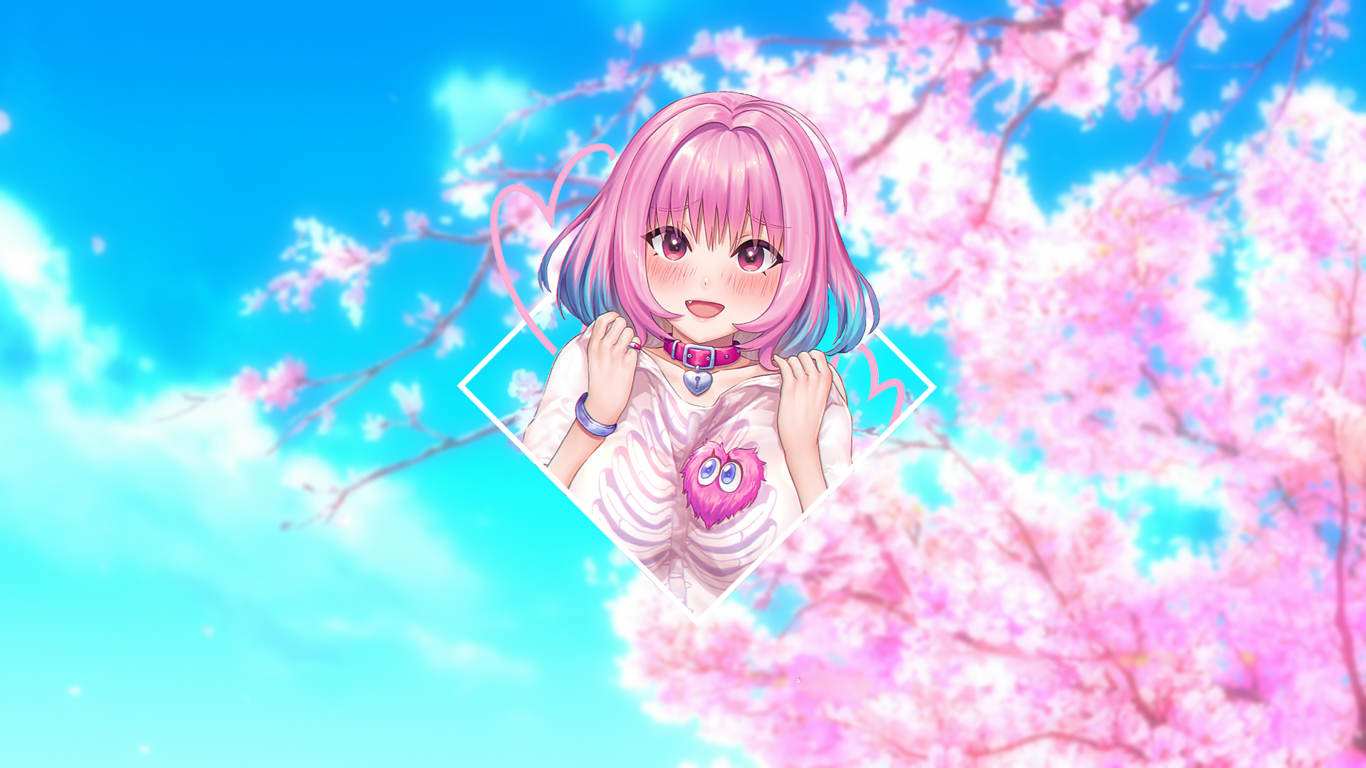 Pink Hair, Anime, Render In Shapes, Anime Girls, Cherry Blossom, Necklace, Picture In Picture, Riamu Yumemi, THE IDOLM Cinderella Girlsx1080 Wallpaper