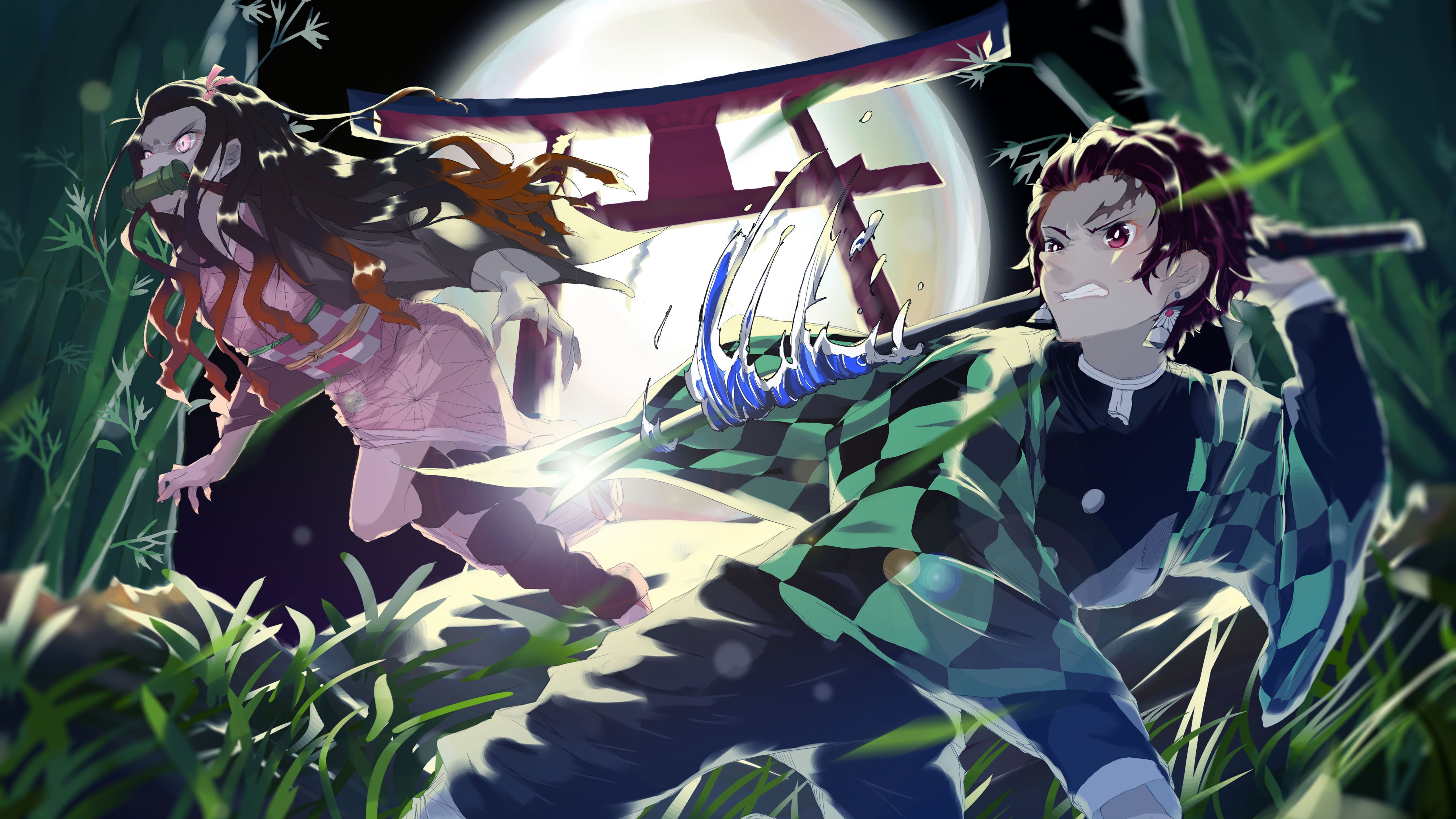 Demon Slayer Nezuko Kamado Tanjirou Kamado With Sword Around Green Plants With Background Of Moon 4K 5K HD Anime Wallpaper