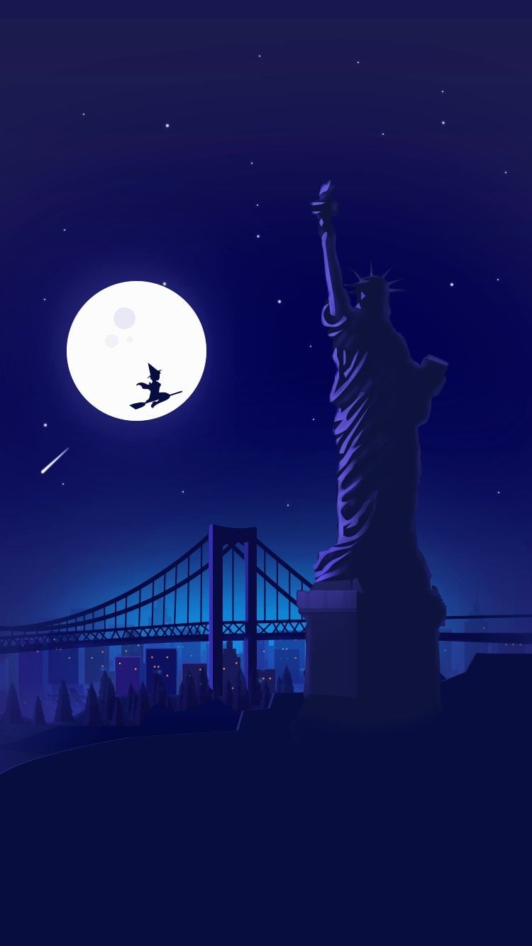 Halloween Witch At Statue Of Liberty Holloween Night Moon IPhone Wallpaper. Landscape Wallpaper, Scenery Wallpaper, Minimalist Wallpaper