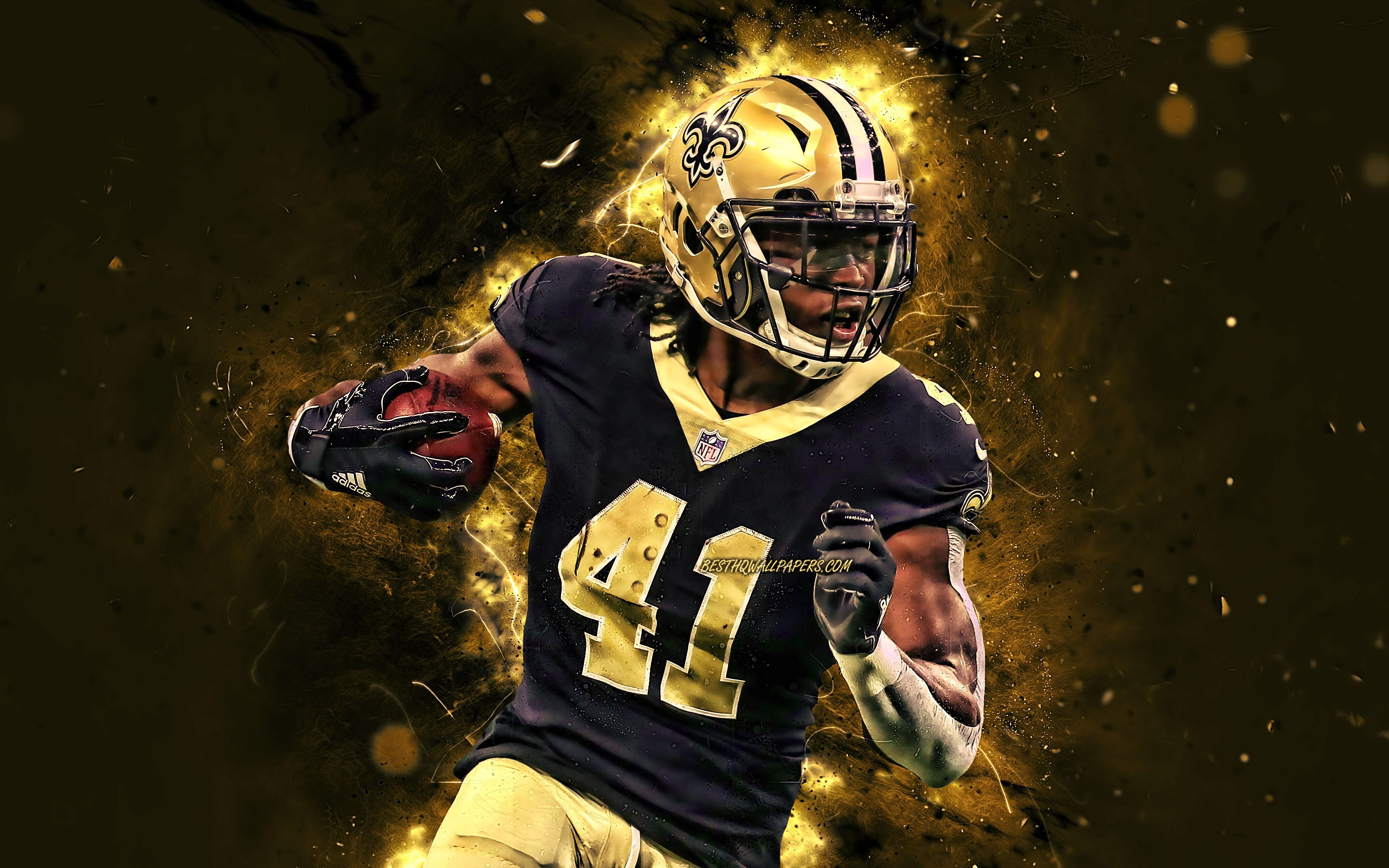 Download wallpaper Alvin Kamara, 4k, NFL, New Orleans Saints, american football, running back, Alvin Mentian Kamara, National Football League, neon lights, Alvin Kamara Saints for desktop with resolution 3840x2400. High Quality HD