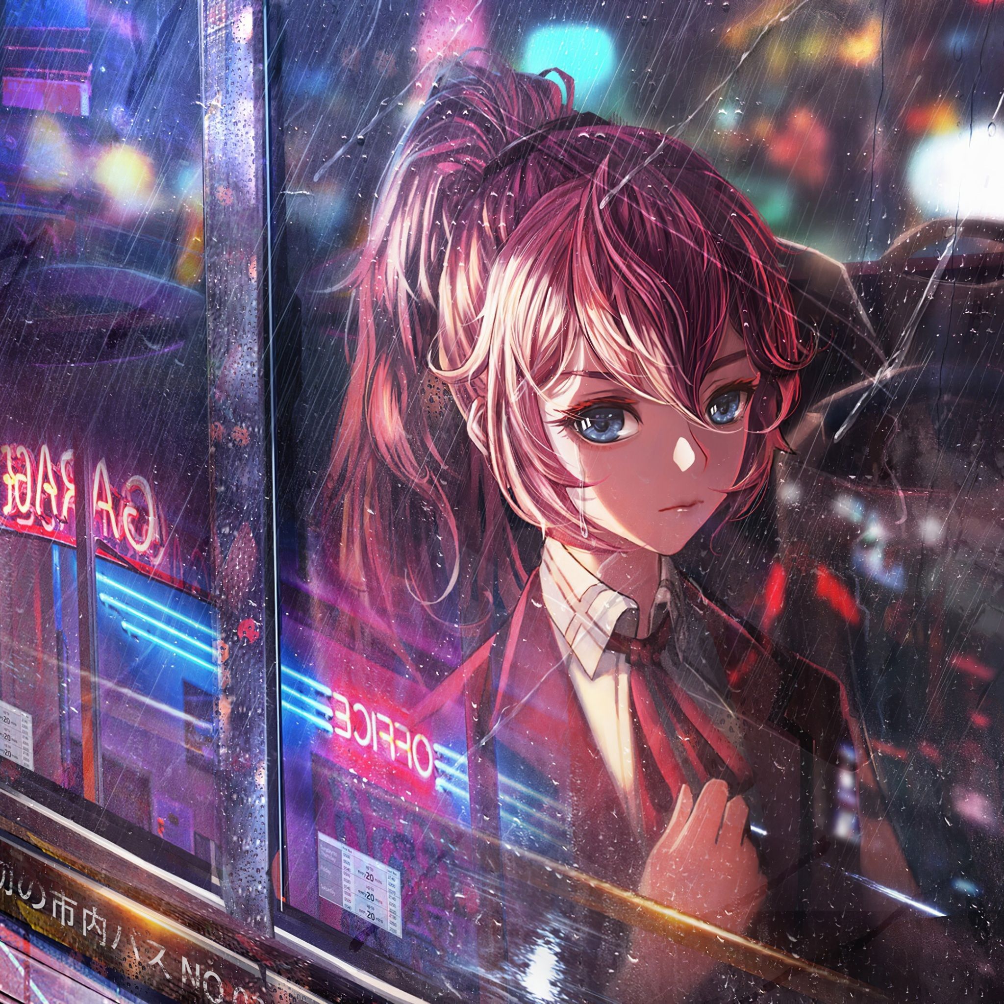 Wallpaper 4k Anime Girl Bus Window Neon City