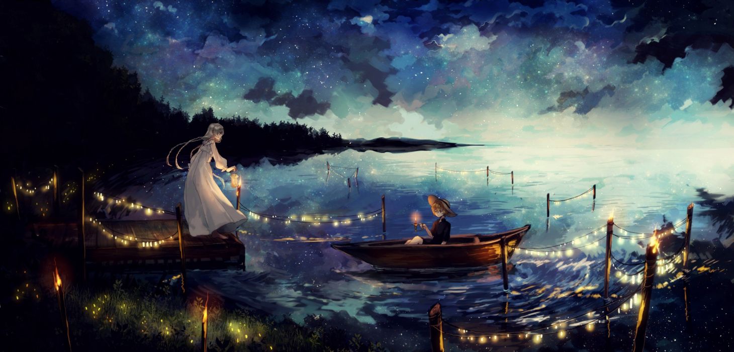 Anime girl stars lights candles dress boat wallpaperx1439