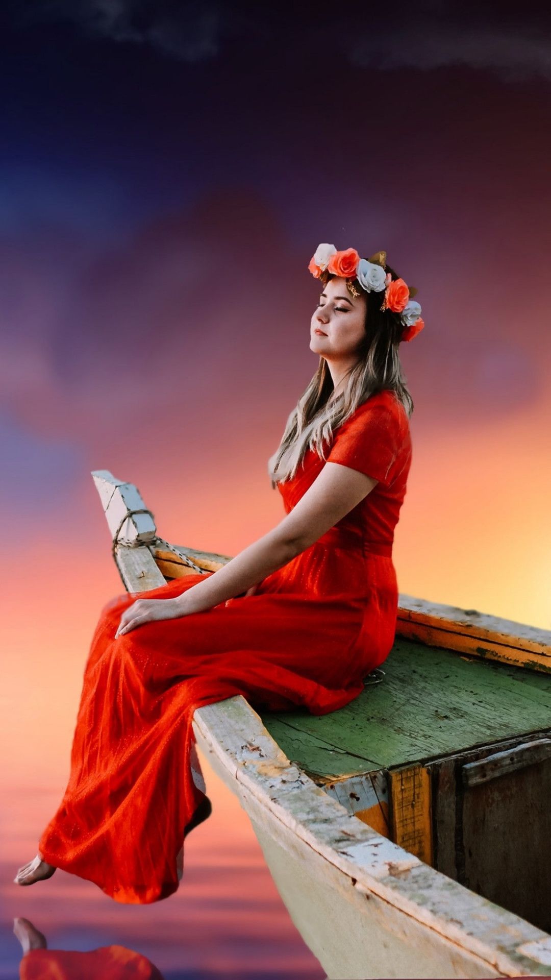 Download wallpaper: Beautiful girl, sunset, boat, lake, dreaming 1080x1920