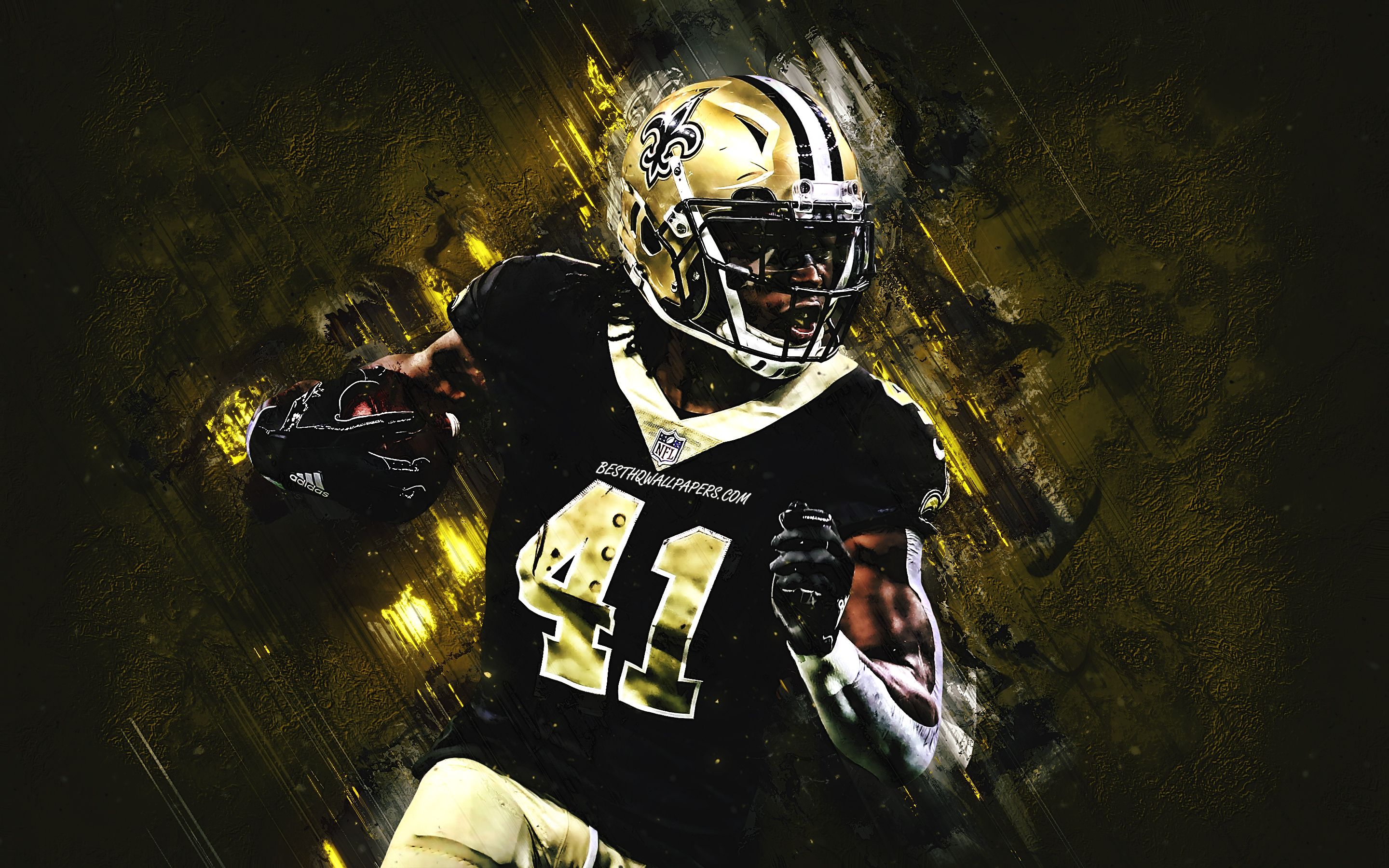 Download wallpaper Alvin Kamara, New Orleans Saints, NFL, portrait, american football, golden stone background, National Football League, USA for desktop with resolution 2880x1800. High Quality HD picture wallpaper