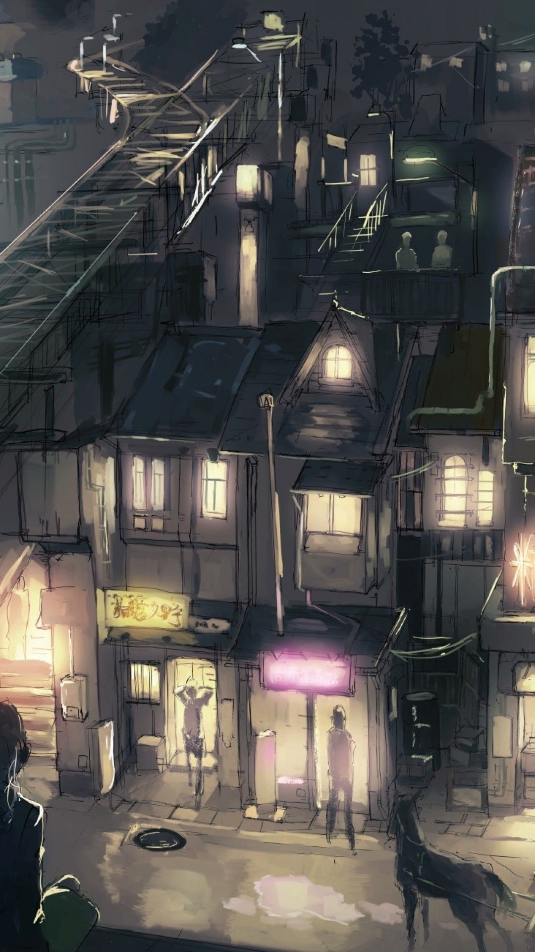 Download 1080x1920 Anime City, Buildings, Night, Industrial, People, Scenic, Artwork Wallpaper for iPhone 8, iPhone 7 Plus, iPhone 6+, Sony Xperia Z, HTC One