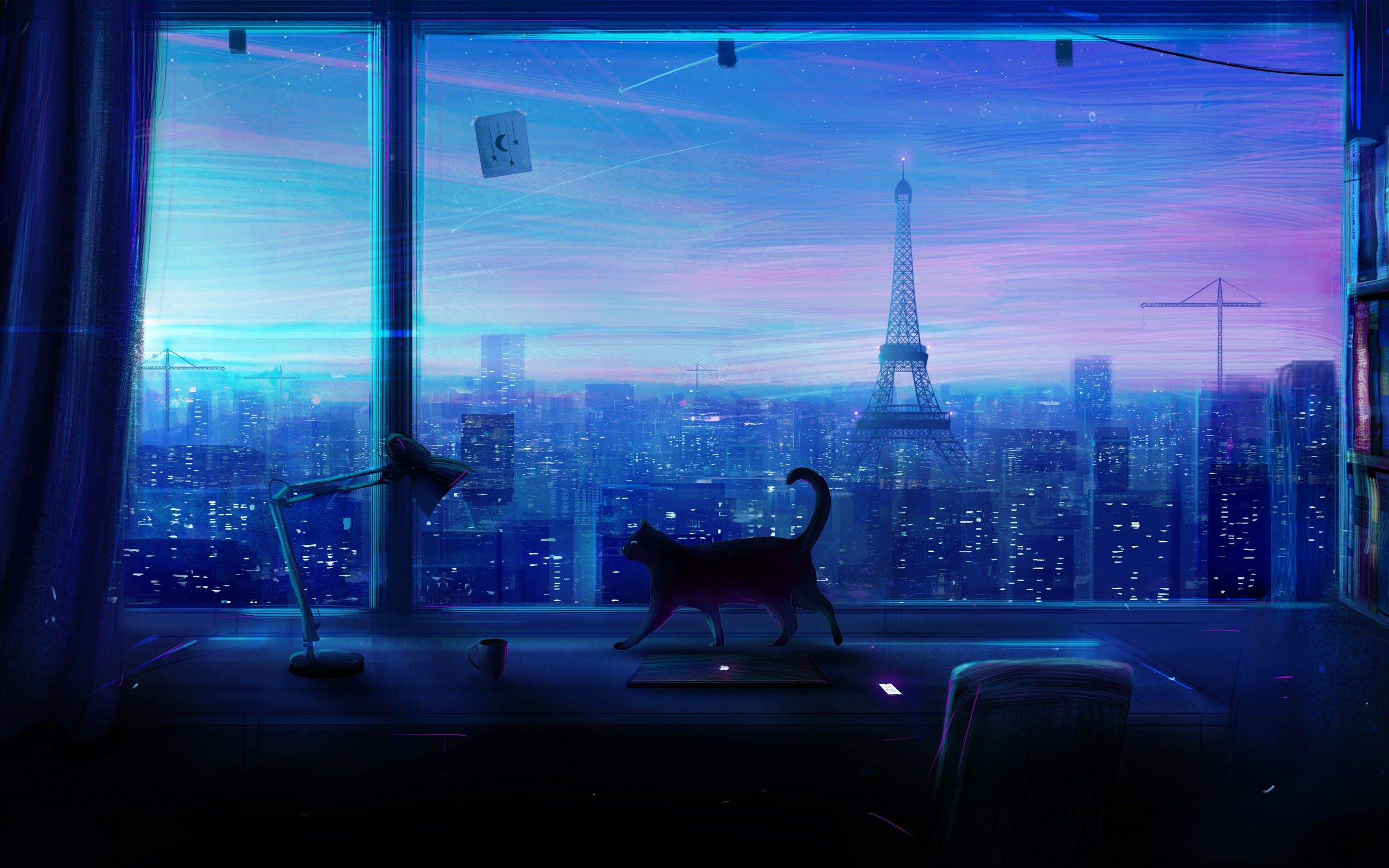 Cat City Night Scenery Anime 4K Wallpaper