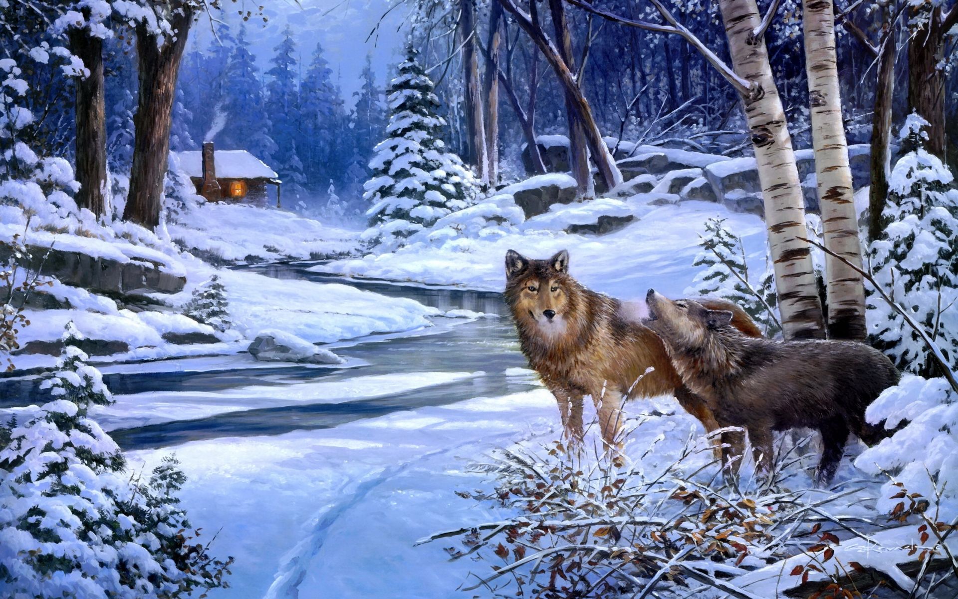 Wolves wolf art paintings landscapes winter snow rivers cabin houses rustic trees forest woods wallpaperx1200
