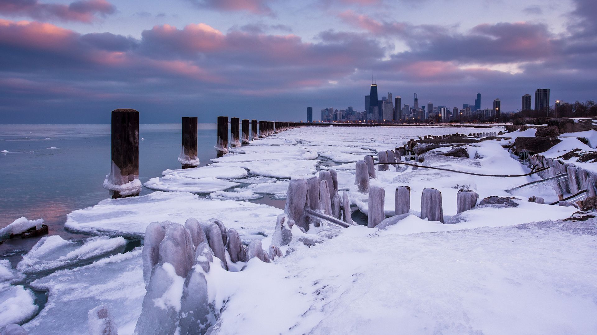 Chicago Buildings Skyscrapers Winter Frozen Ice Posts Ocean wallpaperx1080