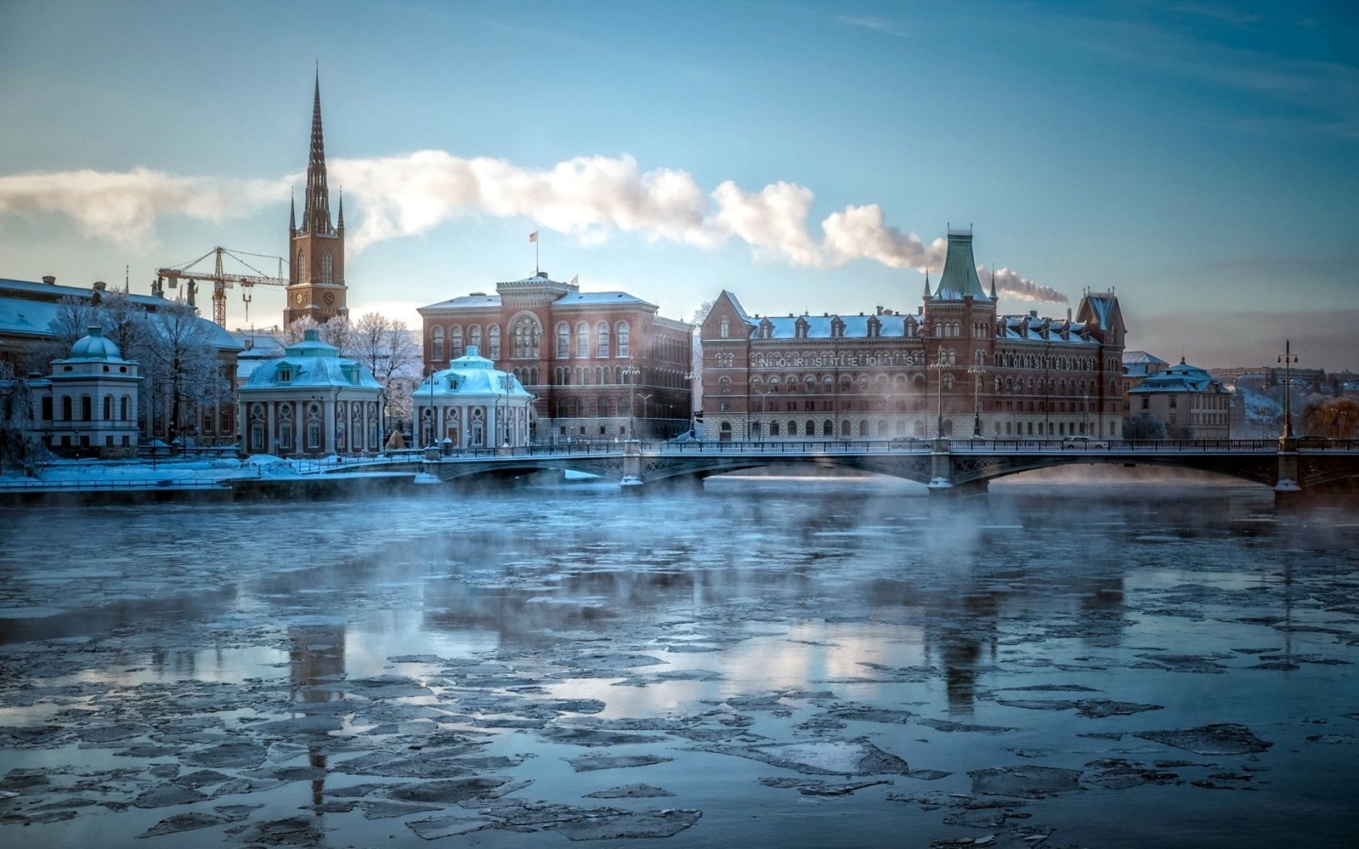 Riddarholmen city stockholm cities buildings winter ice rivers bridge wallpaperx1200
