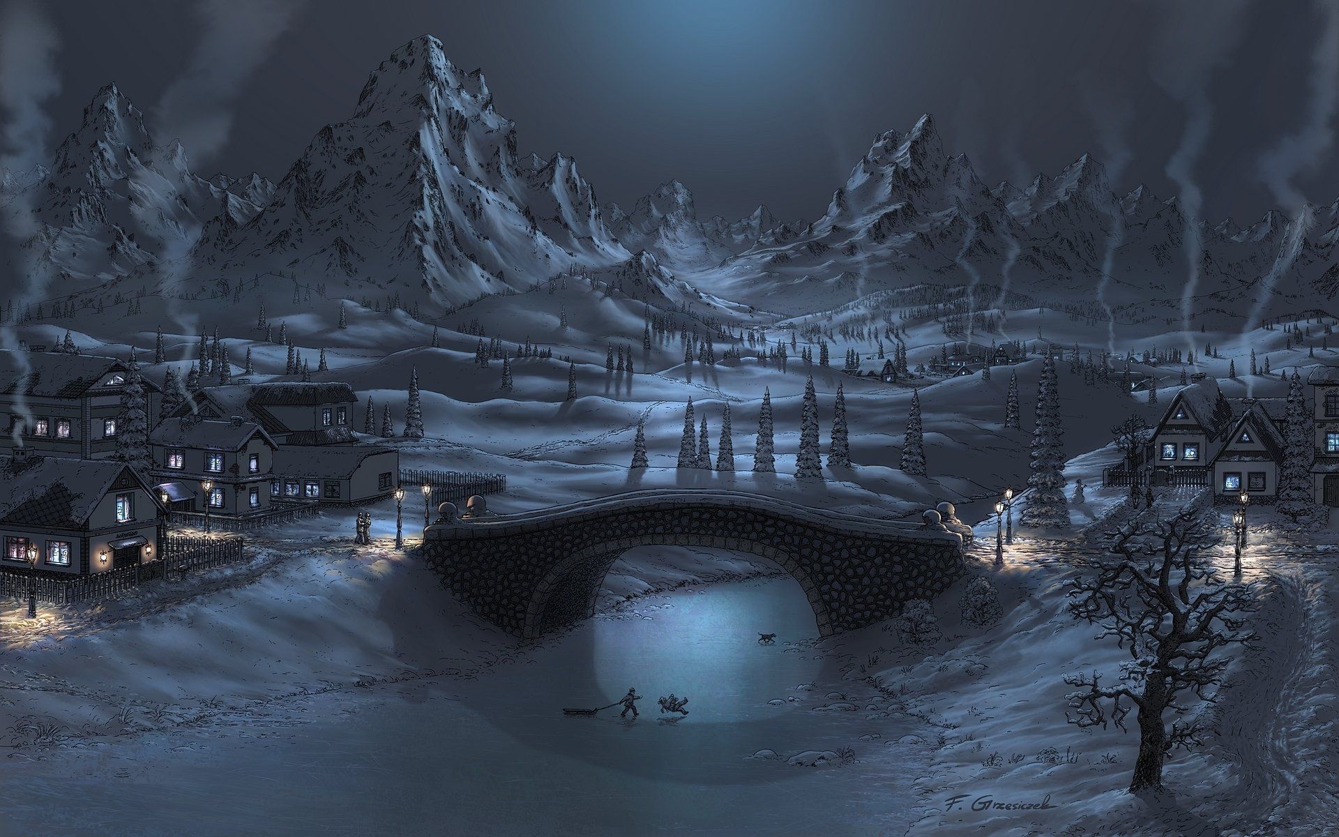 Download HD Cool Winter Art Pc Wallpaper Id Village At Night