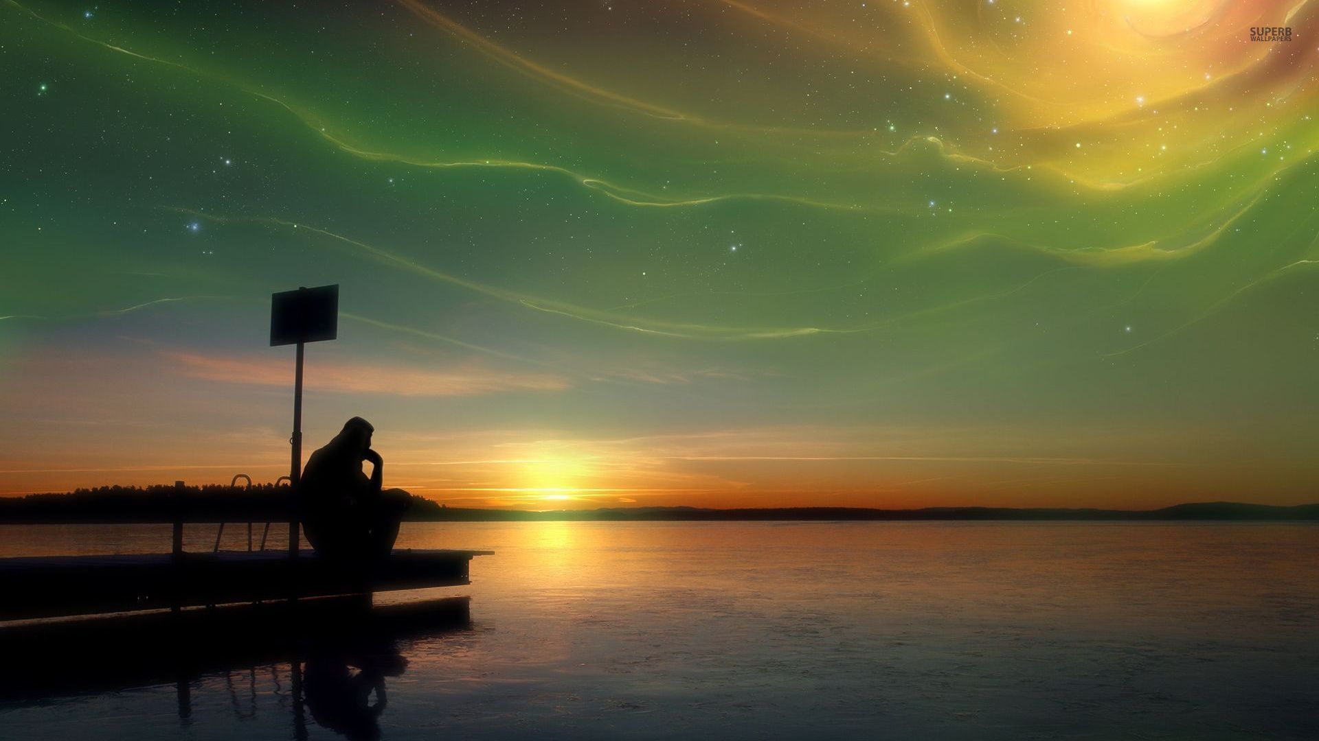 Man thinking on the pier at sunset wallpaper wallpaper