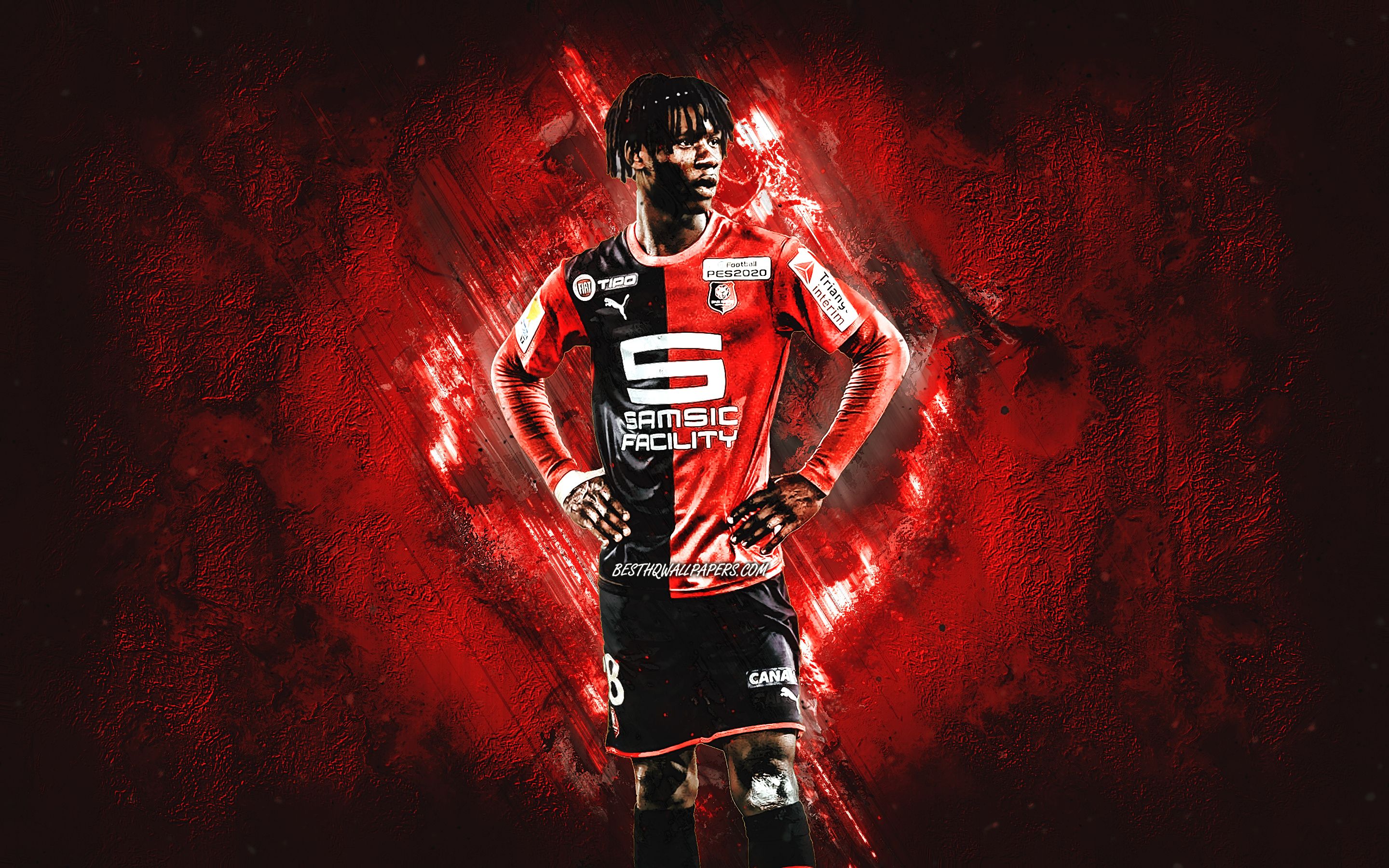 Download wallpaper Eduardo Camavinga, Stade Rennais FC, SRFC, Rennes, french footballer, portrait, red stone background for desktop with resolution 2880x1800. High Quality HD picture wallpaper