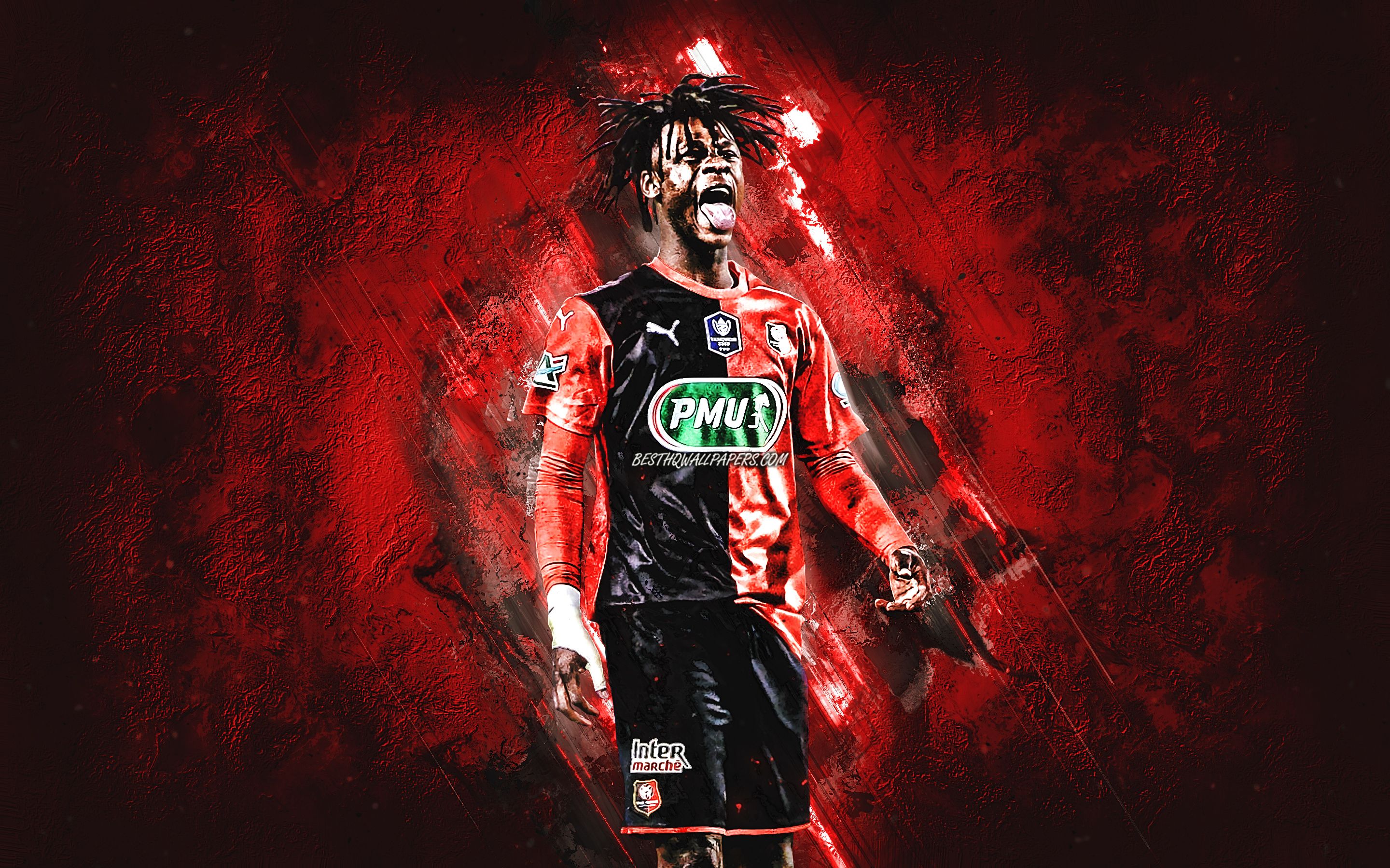 Download wallpaper Eduardo Camavinga, Stade Rennais FC, french soccer player, midfielder, portrait, red stone background, football, Rennes for desktop with resolution 2880x1800. High Quality HD picture wallpaper