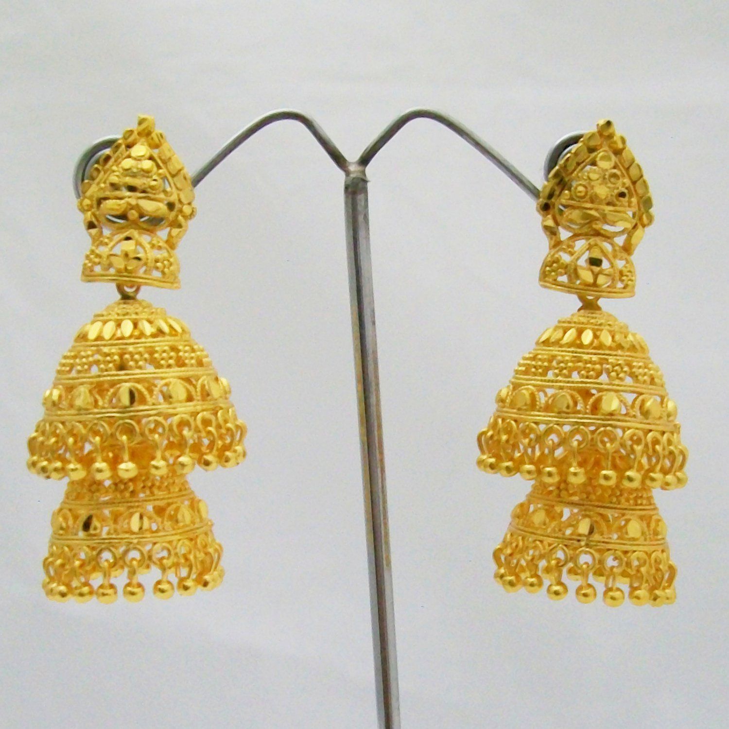 Large Double Layered Jhumka Earrings Gold Plated Metal Indian Ethnic Jewellery