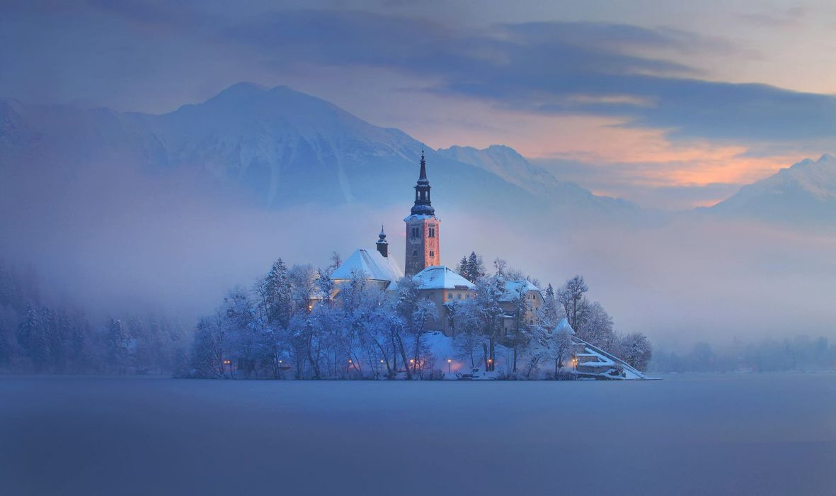 Slovenia Bled lake mountain island fog home church winter wallpaperx1138