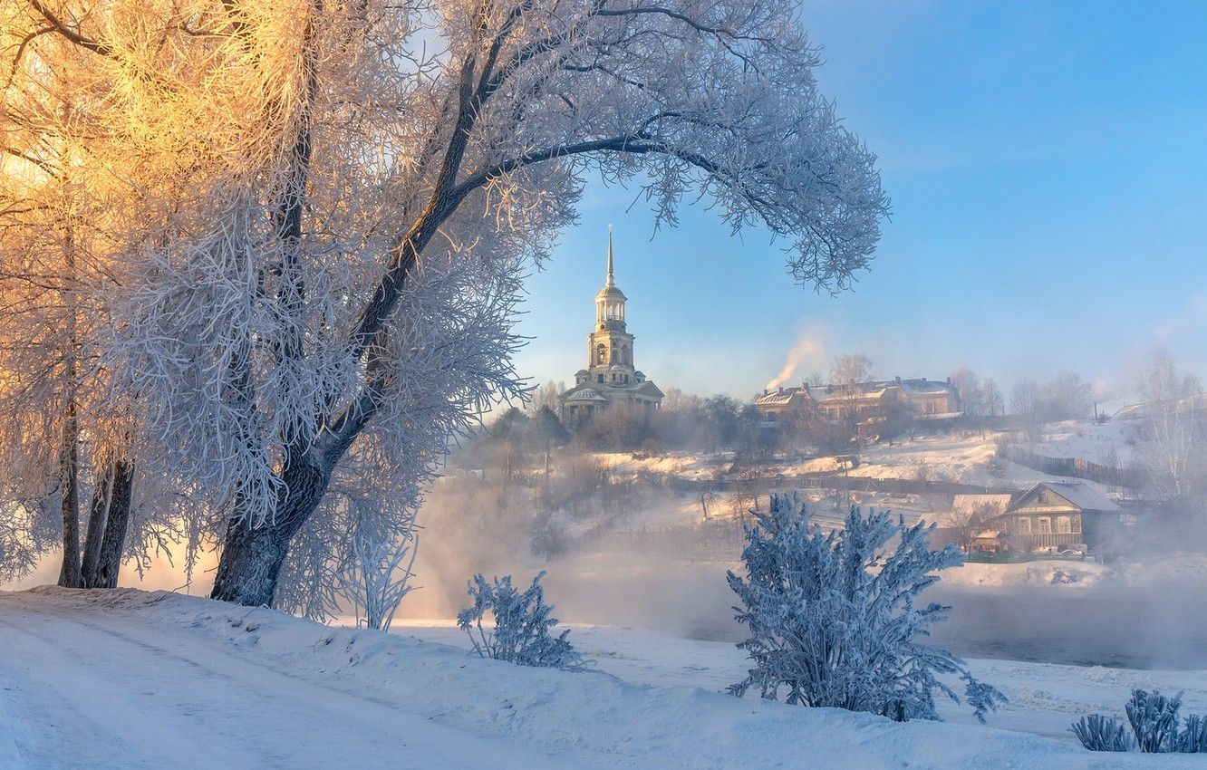 Wallpaper winter, snow, river, dawn, home, Church image for desktop, section пейзажи