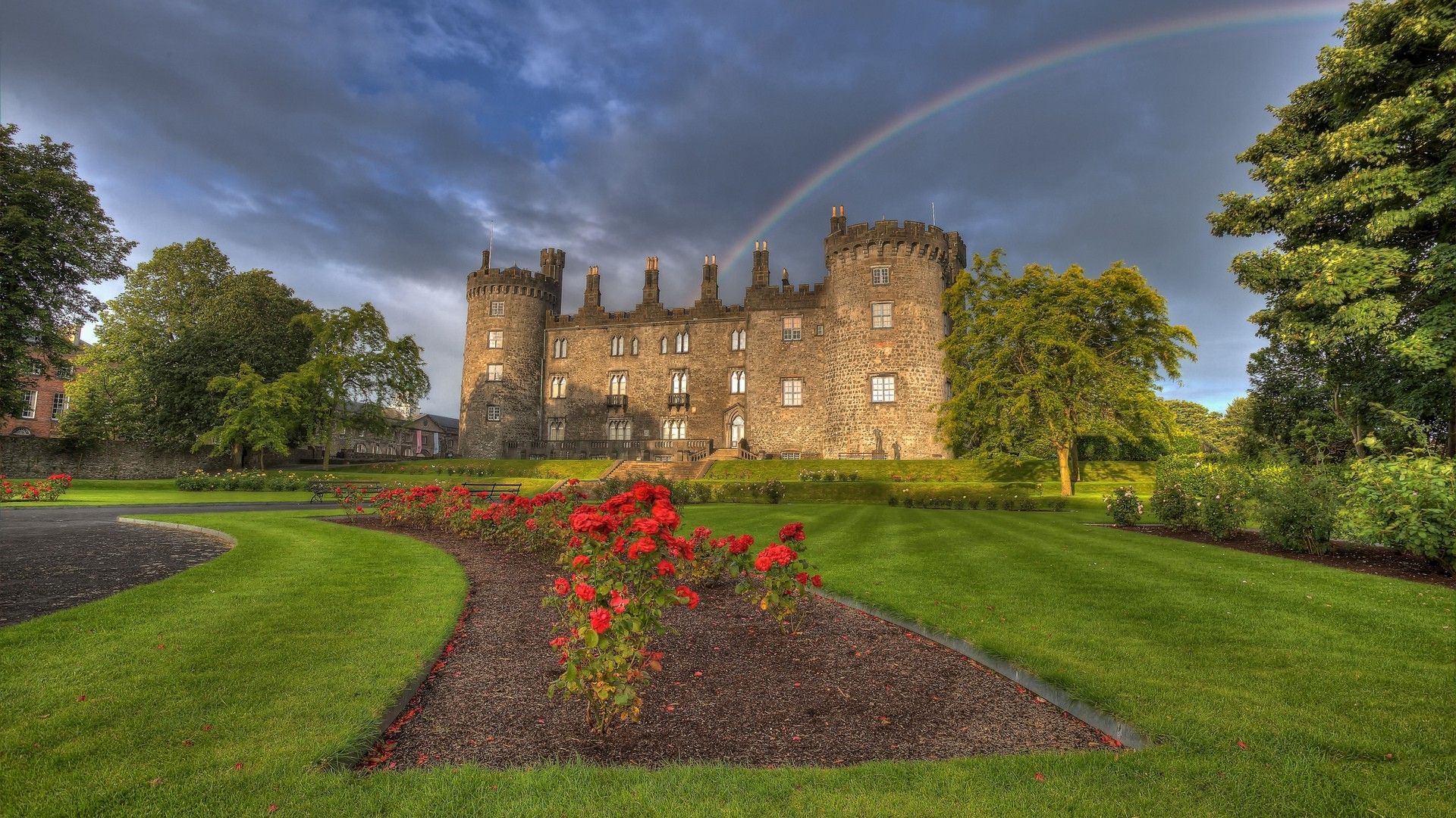 nature, Landscape, Architecture, Castle, Trees, Grass, Ireland, Garden, Park, Flowers, Path, Old Building, Rainbows, Clouds Wallpaper HD / Desktop and Mobile Background
