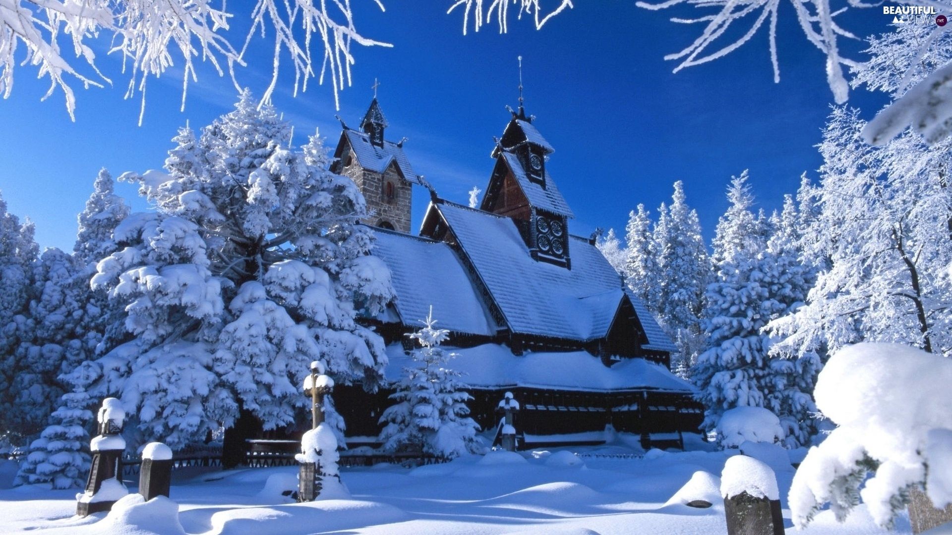 Church, winter, snow, cemetery views wallpaper: 1920x1080