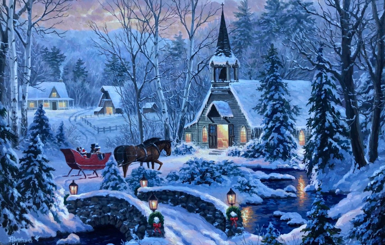 Wallpaper winter, forest, snow, bridge, river, the evening, horse, Church, Abraham Hunter image for desktop, section живопись