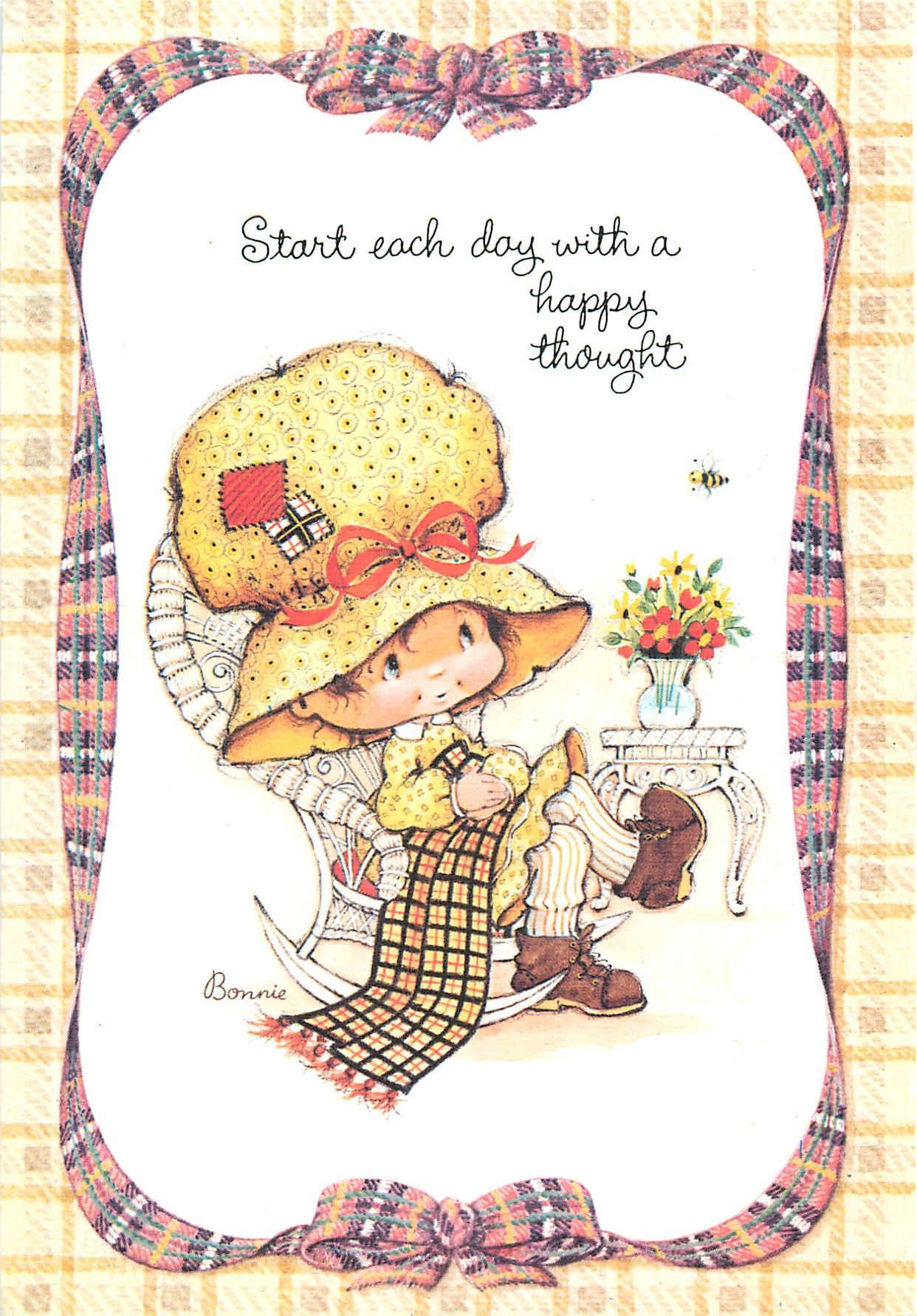 START EACH DAY WITH A HAPPY THOUGHT girl sits in rocking chair. Holly hobbie, iPhone wallpaper vintage, Cute illustration
